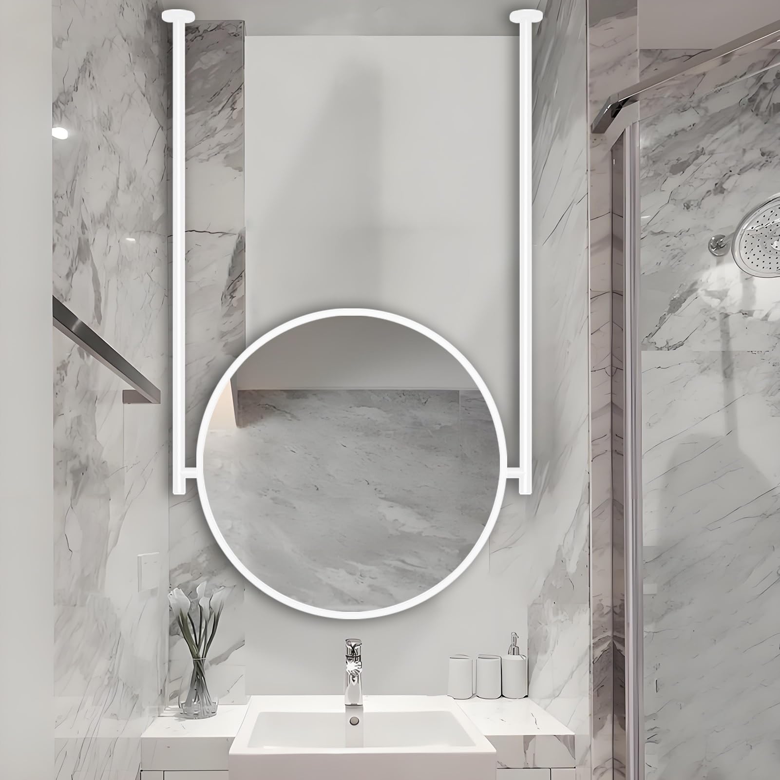 FGXHHS Ceiling Hanging Mounted Mirror with White Metal Rod, Wall Decorative Mirrors for Cloakroom Bathroom, Makeup Vanity Floating Mirror, Clear Practical(Diameter-60CM/23.6INCH)