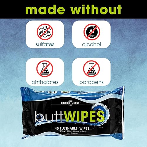 Miniatura 6 de Fresh Body FB Buttwipes Toallitas desechables (1 paquete, 45 toallitas)  Toallitas desechables para adultos  Toallitas para glúteos a base de agua