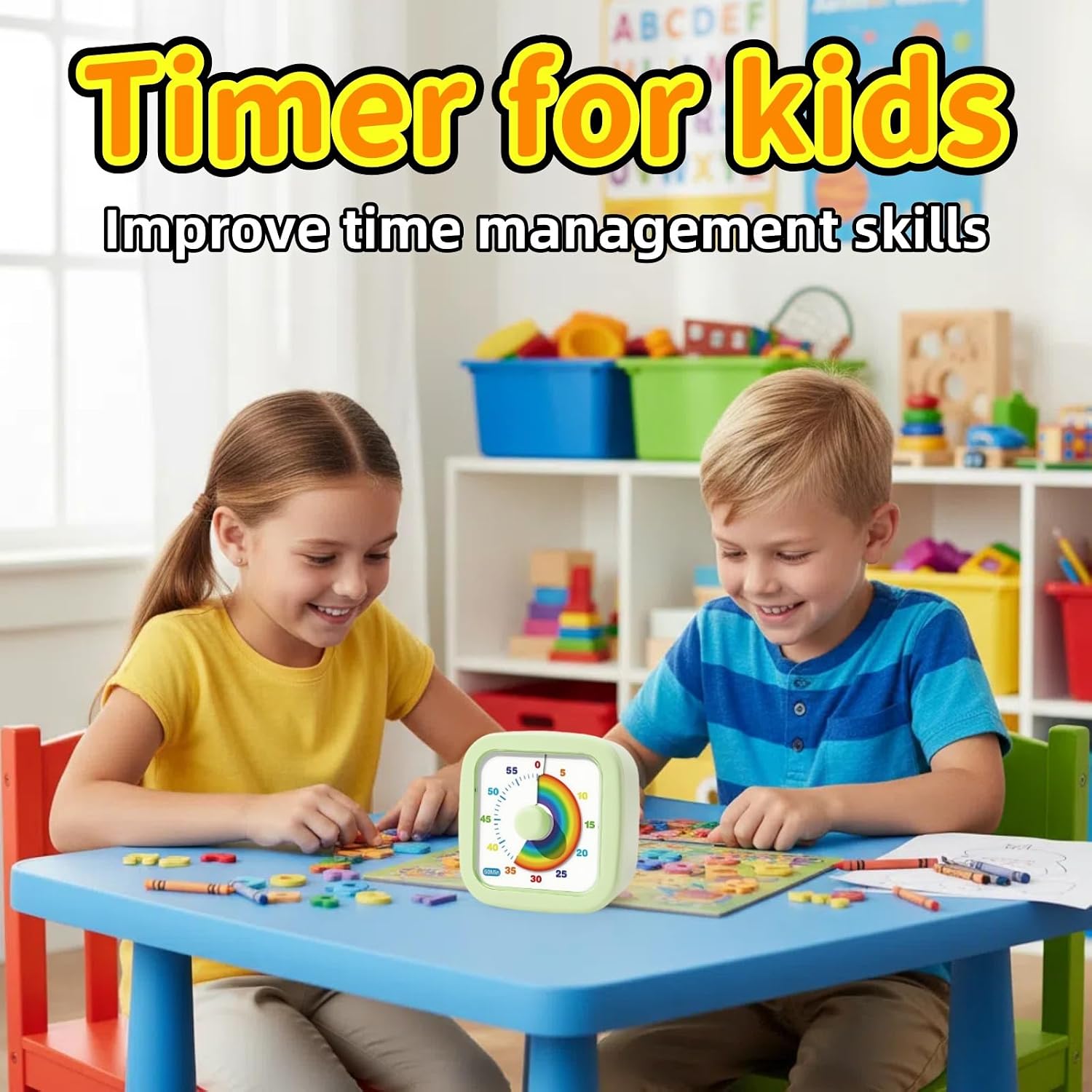Visual Timer with Cute Rainbow - 60 Minute Countdown Timer for Classroom Home Office, Pomodoro Timer for Kids with ADHD, Time Management Tools (Green)