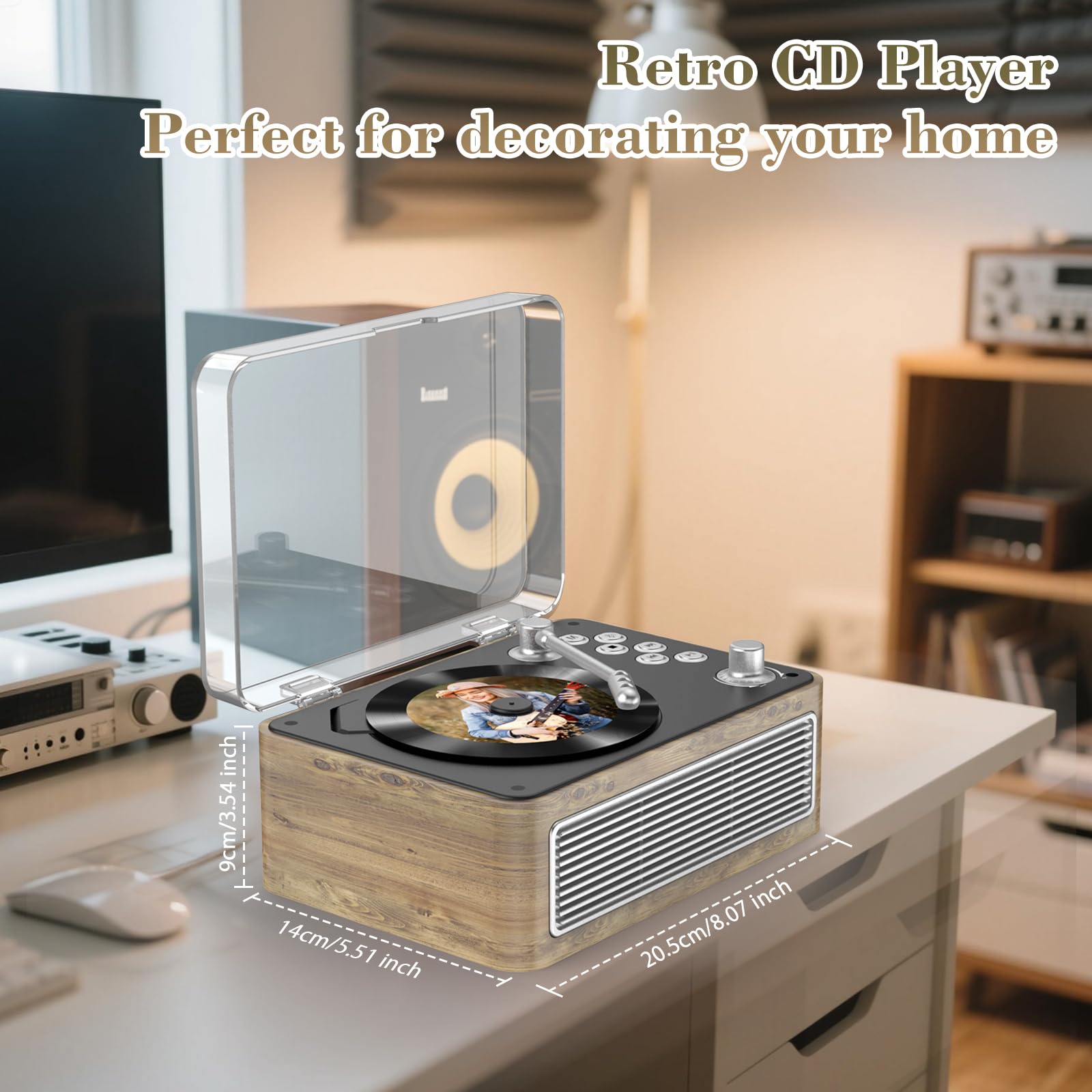 Gueray Tragbarer Bluetooth CD-Player mit Lautsprechern 3600mAh Wiederaufladbarer Vintage CD Spieler für Zuhause, Retro Eichenholz CD Players FM-Radio mit Fernbedienung, Unterstützt USB AUX Wiedergabe