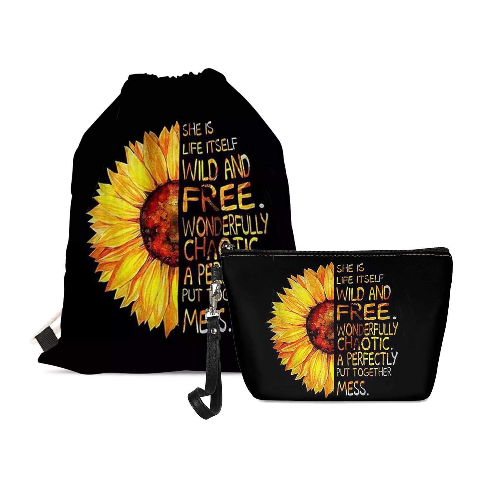 SEANATIVE Fashion Sunflower Drawstring Bags Cosmeic Bags Set of 2,Women Girls Lightweight Gym Drawstring Backpack โ image 1