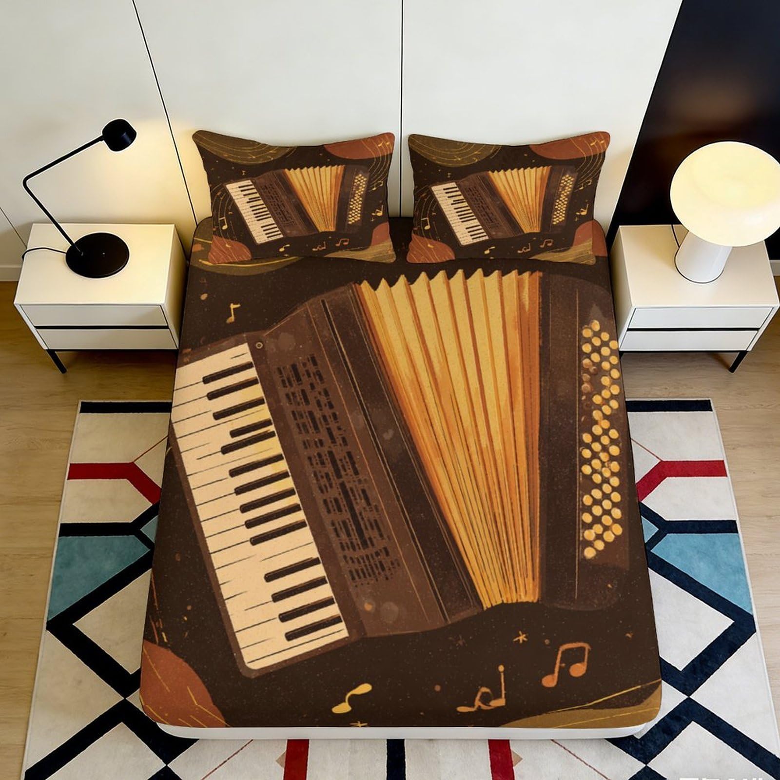 3D Printed Accordion Music Fitted Sheet Microfiber Soft Brown Instrument Bed Cover for Bedroom Decor Protection 90x200x25cm