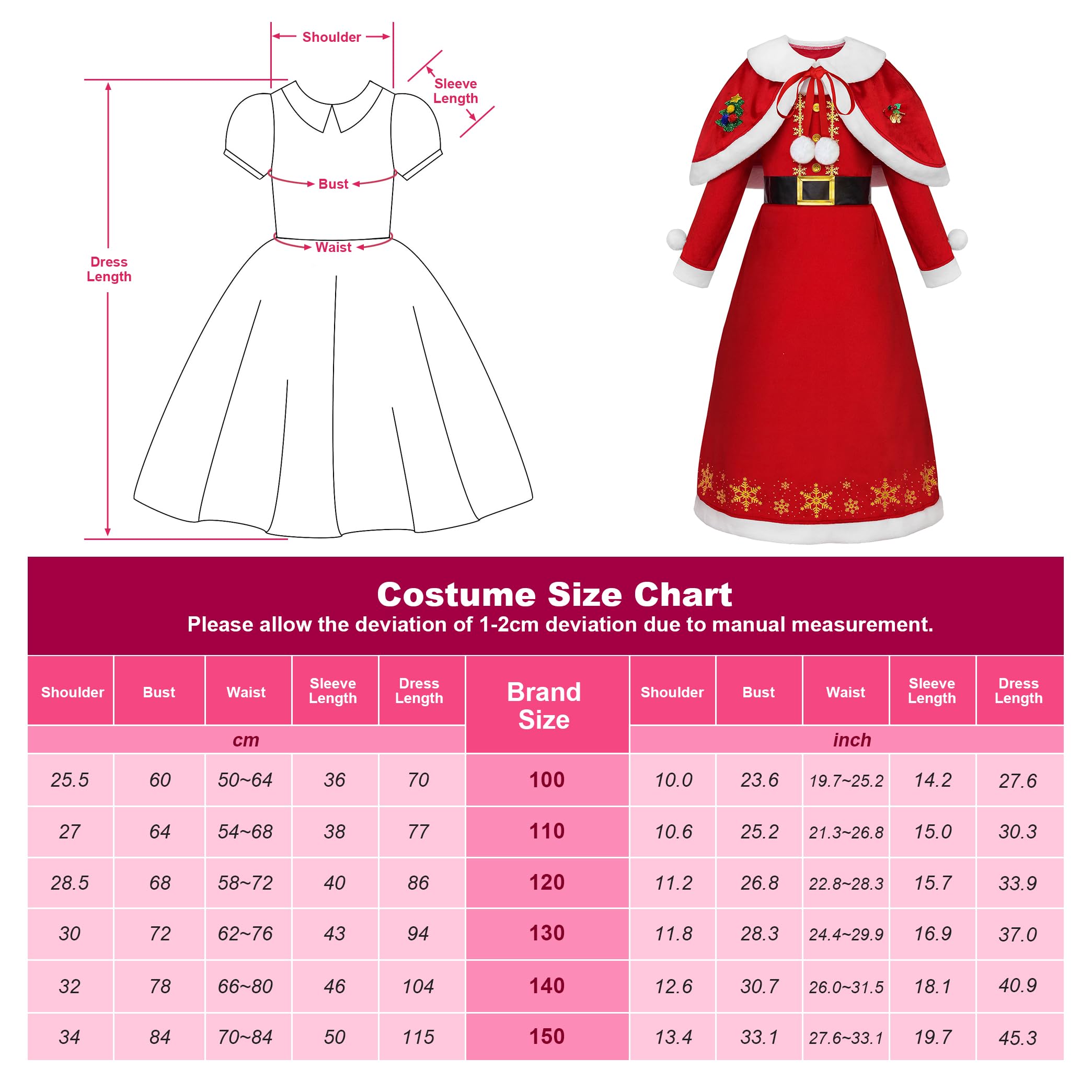 ReliBeauty Deguisement Noel Enfant Costume Mere Noel Saint Nicolas Robe Père Noël Fille Xmas avec Cape et Chapeau