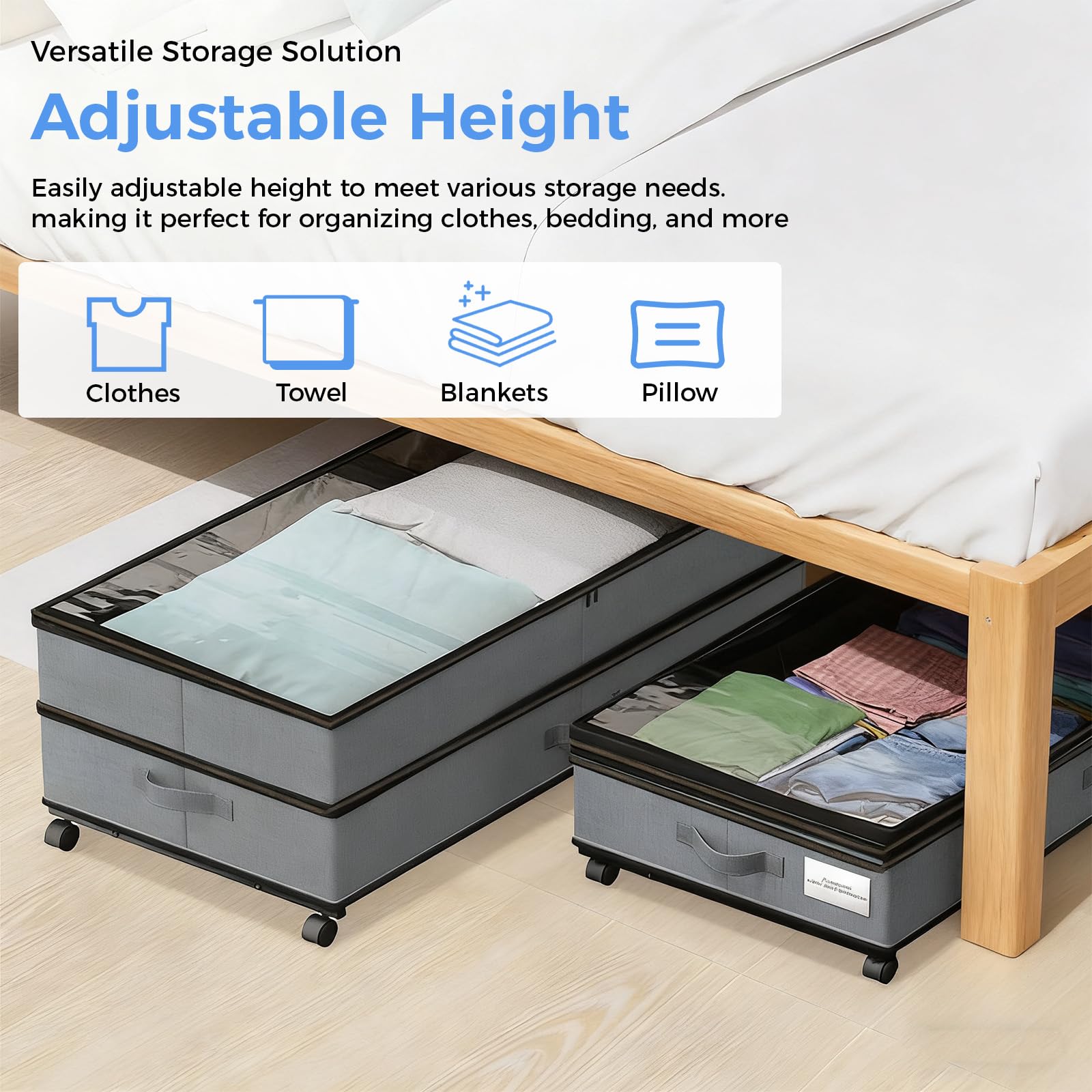 2 Pezzi Contenitori Sottoletto con Ruote, Organizer Contenitore Vestiti Telaio in Metallo con Finestra Trasparente, Extra Large da 70 L, per Giocattoli, Coperte, Vestiti