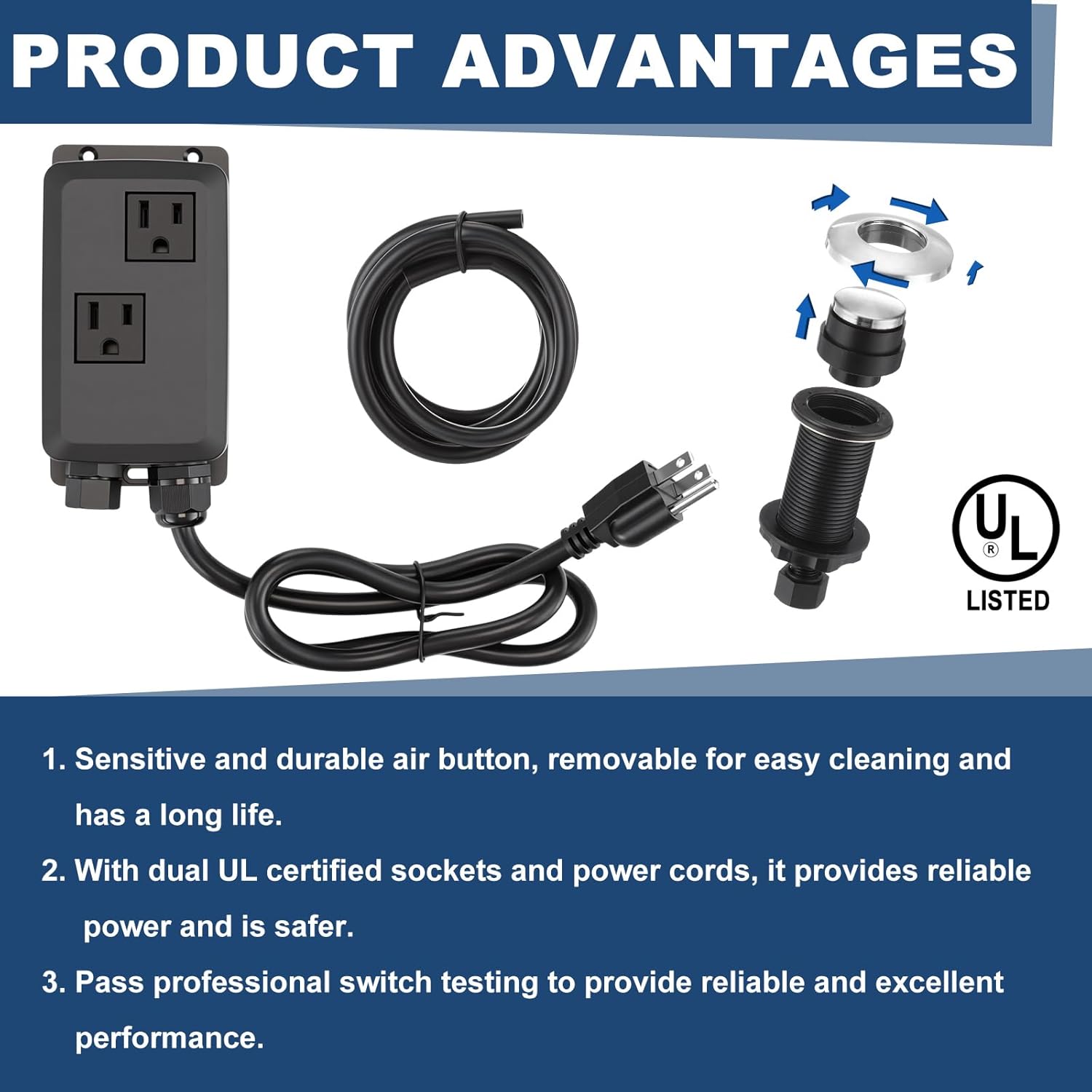 Relaxweex Garbage Disposal Air Switch Kit Wireless Sink Top Garbage Disposal Button Stainless Steel/On/Off Waterproof Button Kit with Long Switch Matte UL Listed (Dual Outlet,Silver,Long/3.6")