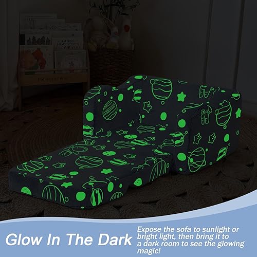 Miniatura 45 de MeMoreCool Sofá de dinosaurio para niños, silla plegable para niños pequeños, sofá cama convertible que brilla en la oscuridad, salón plegable para