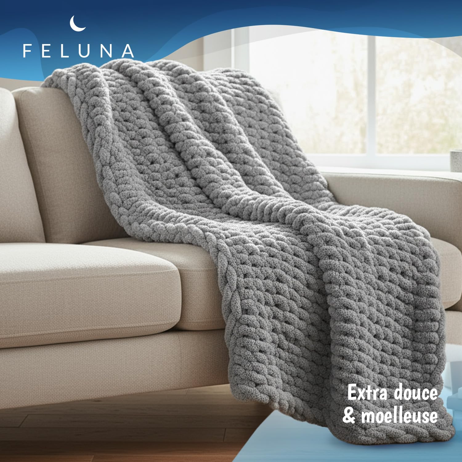 Couverture confortable à grosses mailles - Couverte en polaire tricotée, Plaid douillette, Couverture à grosses mailles, couvre-lit pour salon et chambre d 'amis (Blanc, L