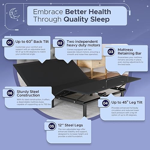 Miniatura 4 de Celestial Sleep Aurora - Base de cama ajustable (solo marco), fácil montaje, elevación de cabeza y pies, gravedad cero, posiciones de memoria,