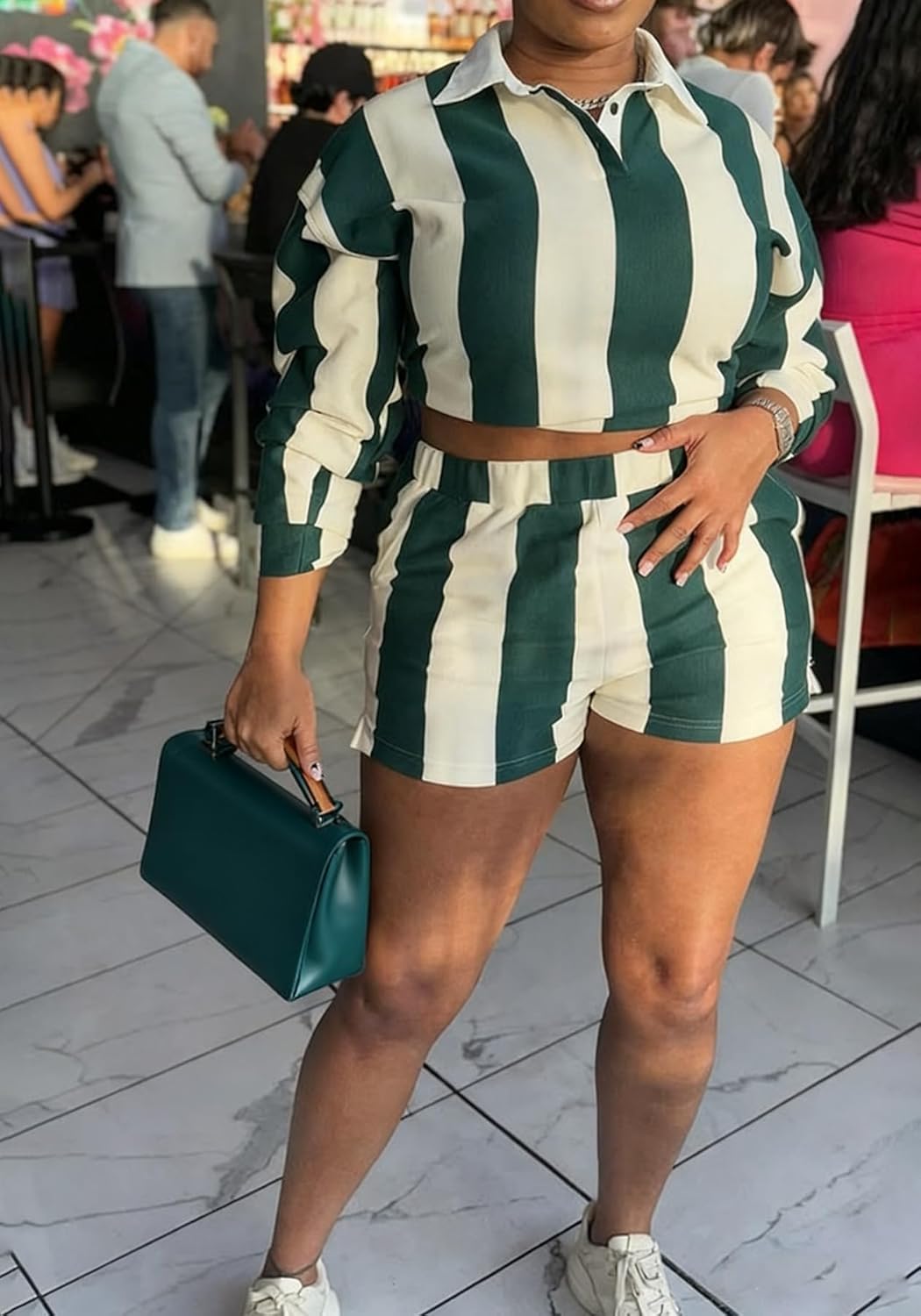 Tbahhir Short Sets Women 2 Piece Outfits Striped Long Sleeve Sweatshirts and High Waisted Shorts Jogger Tracksuits Fall - Image 6