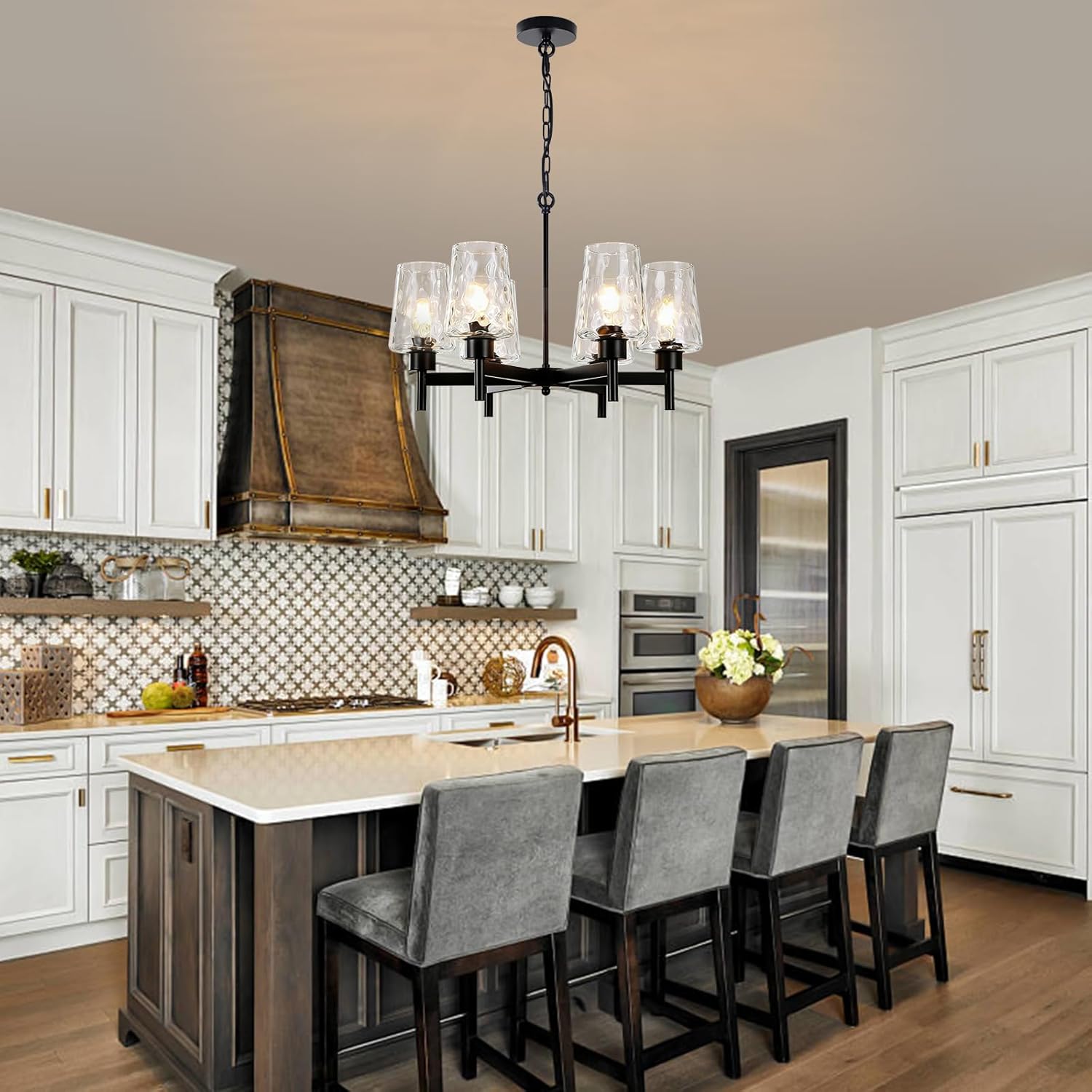 Black Chandelier, 6-Light Industrial Hanging Light Fixture with Stone Texture Glass Shades, Adjustable Height Hanging Pendant Lights for Dining Room Living Room Entryway Foyer Bedroom