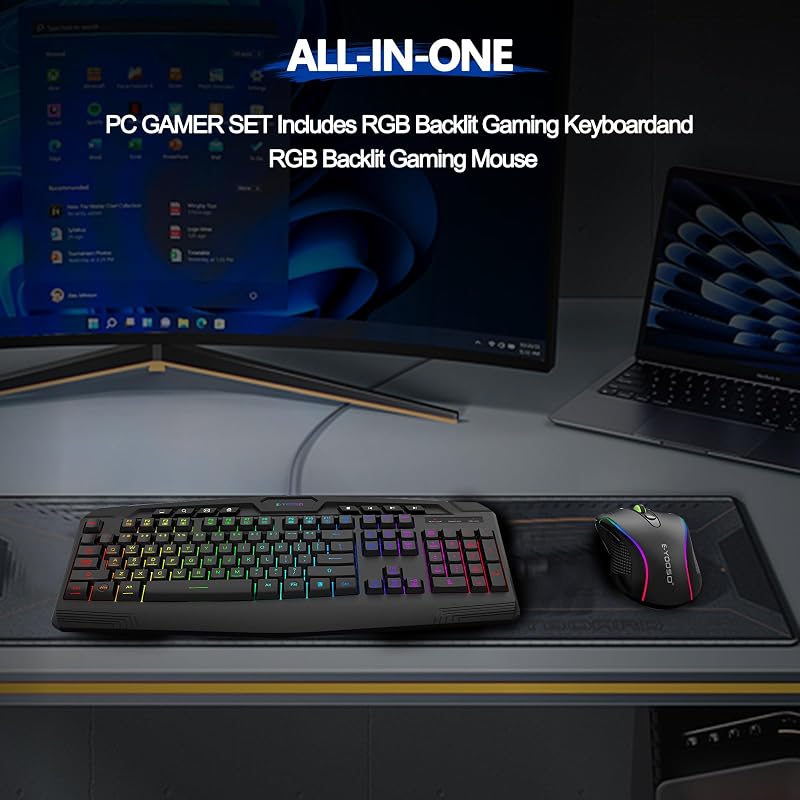E-Yooso Gaming Billentyűzet és Egér Szett RGB Háttérvilágítással, Csuklótámasszal, 104 Gombos Csendes Membrán, Anti-Ghosting, PC Gamer