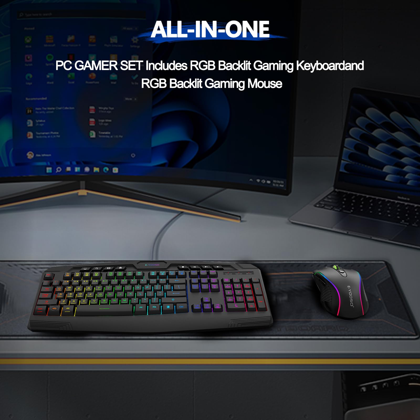 Ensemble Clavier et Souris Gamer Noir - Clavier Filaire 104 Touches RGB avec Rétroéclairage, Souris Ergonomique, Anti-Ghosting (26 Touches) et Wrist Rest - Compatible PC/Windows/Mac (Layout US QWERTY)