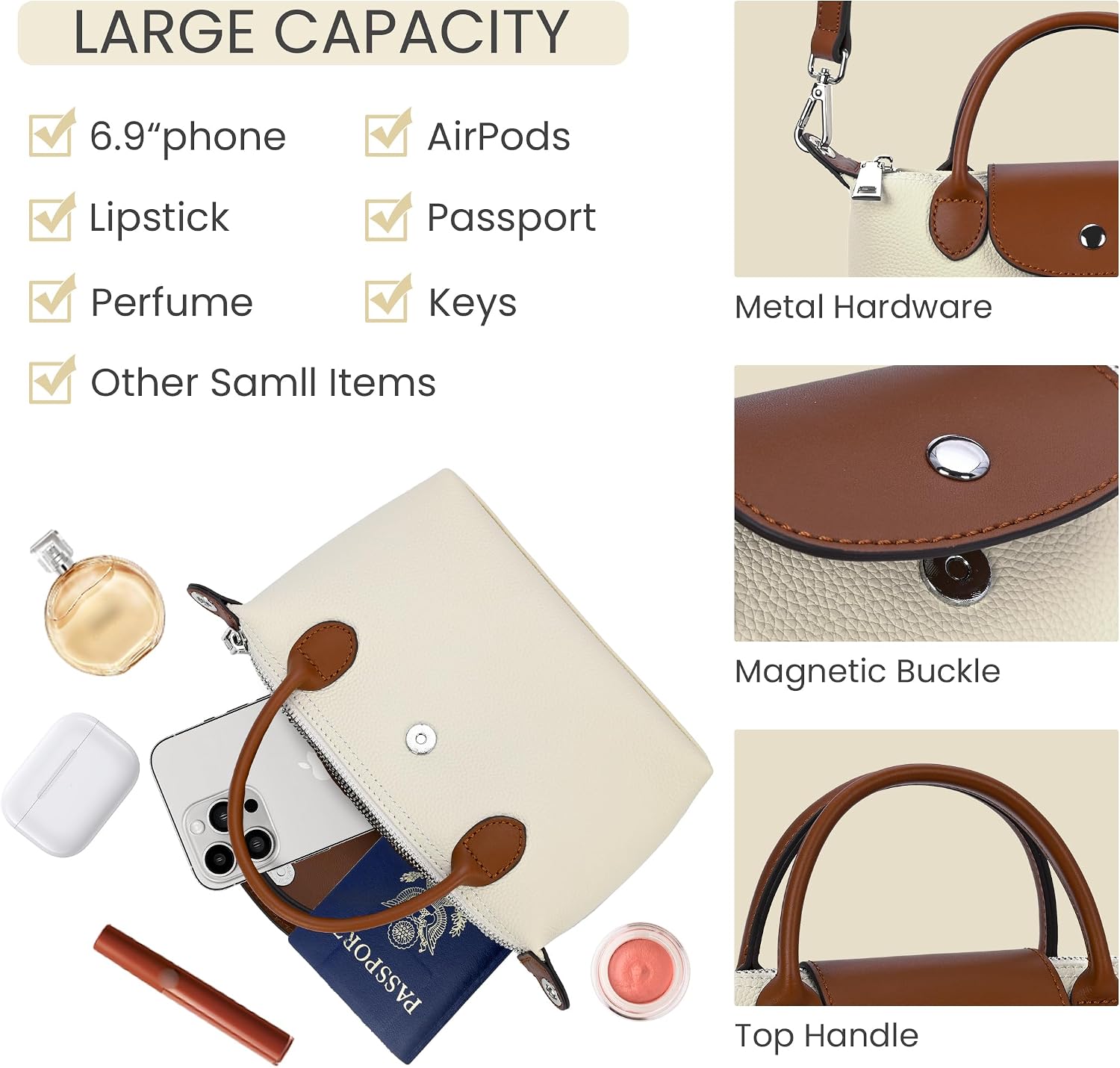 HESHE Real Leather Small Crossbody Bags for Women Mini Tote Bags Shoulder Handbags Satchel Purses with Adjustable Strap