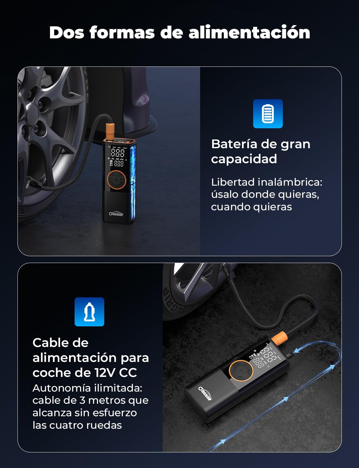 Oasser Compresor Aire Portatil 6000mAh 150PSI Inflador Ruedas Coche Pequeño Pantalla LCD Doble Visualización Cable Encendedor 3M Parada Automática Bolsa Almacenamiento para Coche Moto Bicicleta Bola