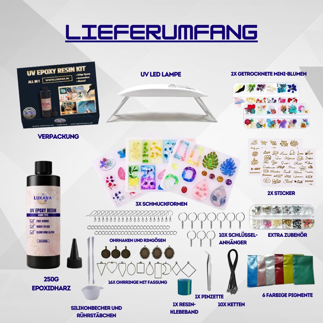Lukana UV Resin Set mit Lampe 36W – Epoxidharz Starter Set 250g – Schmuck Set DIY komplett – UV Harz ohne Mischen, transparent, schnell härtend – Zubehör für Schmuckherstellung