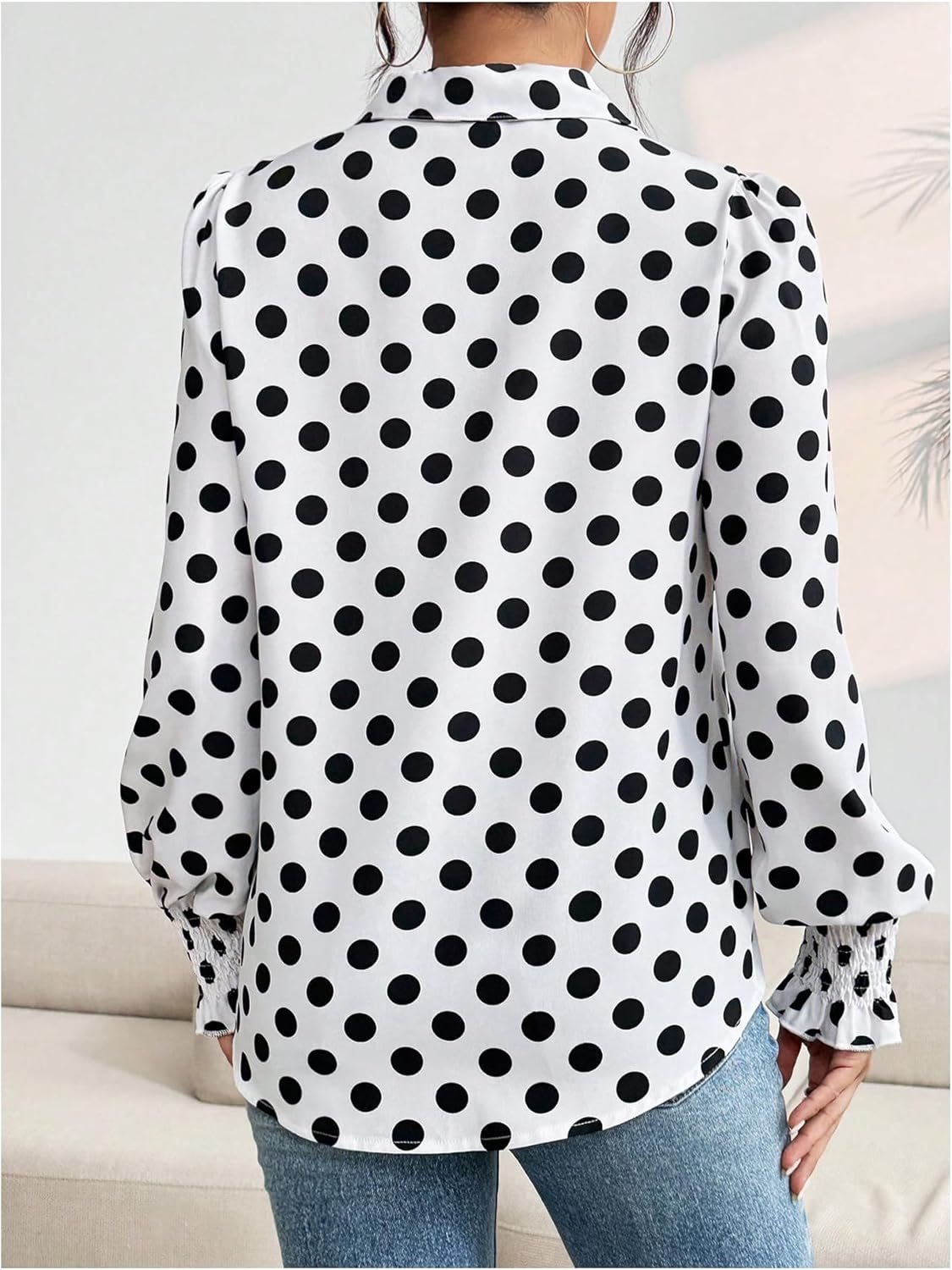 WDIRARA Women's Polka Dots Button Down Shirt Ruffle Bishop Long Sleeve Top Blouse - Image 2