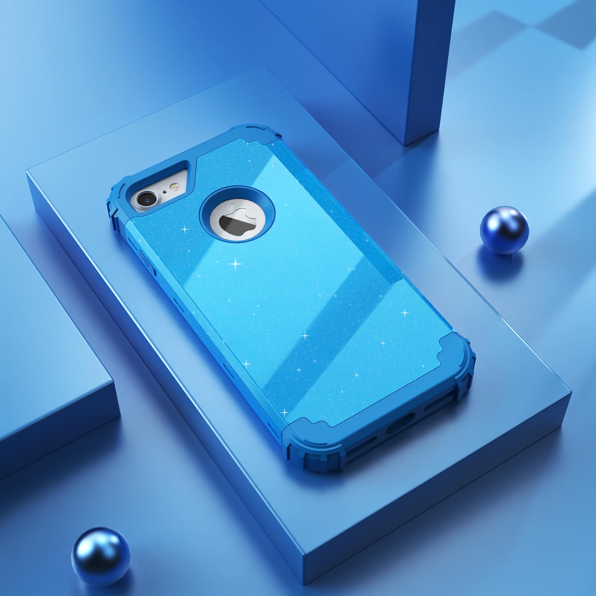 IDweel for iPhone 8 Case & for iPhone 7 Case with Screen Protector,Luxury 3 in 1 Shockproof Hybrid Heavy Duty Hard PC Cover Soft Silicone Sturdy Bumper Full Body Sturdy Cover,Glitter Sky Blue