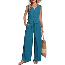 MOLERANI Women Linen 2 Piece Vest Blazer Wide Leg Pants Set | Button V-neck, Pockets, Breathable, Lightweight, Casual Dressy Outfits, Suit for Business Office Vacation Daily Wear
