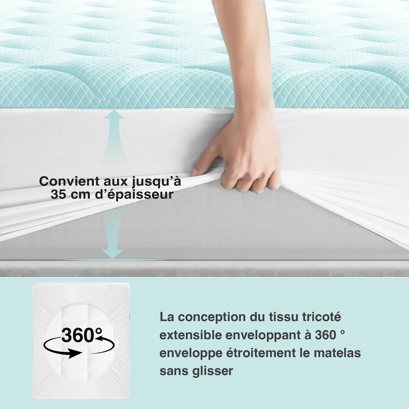 Novilla Surmatelas Rafraîchissant 140x190cm, Tissu Cool Touch, Respirant | Agréable pour la Peau, Bord Élastique 30 cm, Lavable en Machine, Idéal pour les nuits d'été
