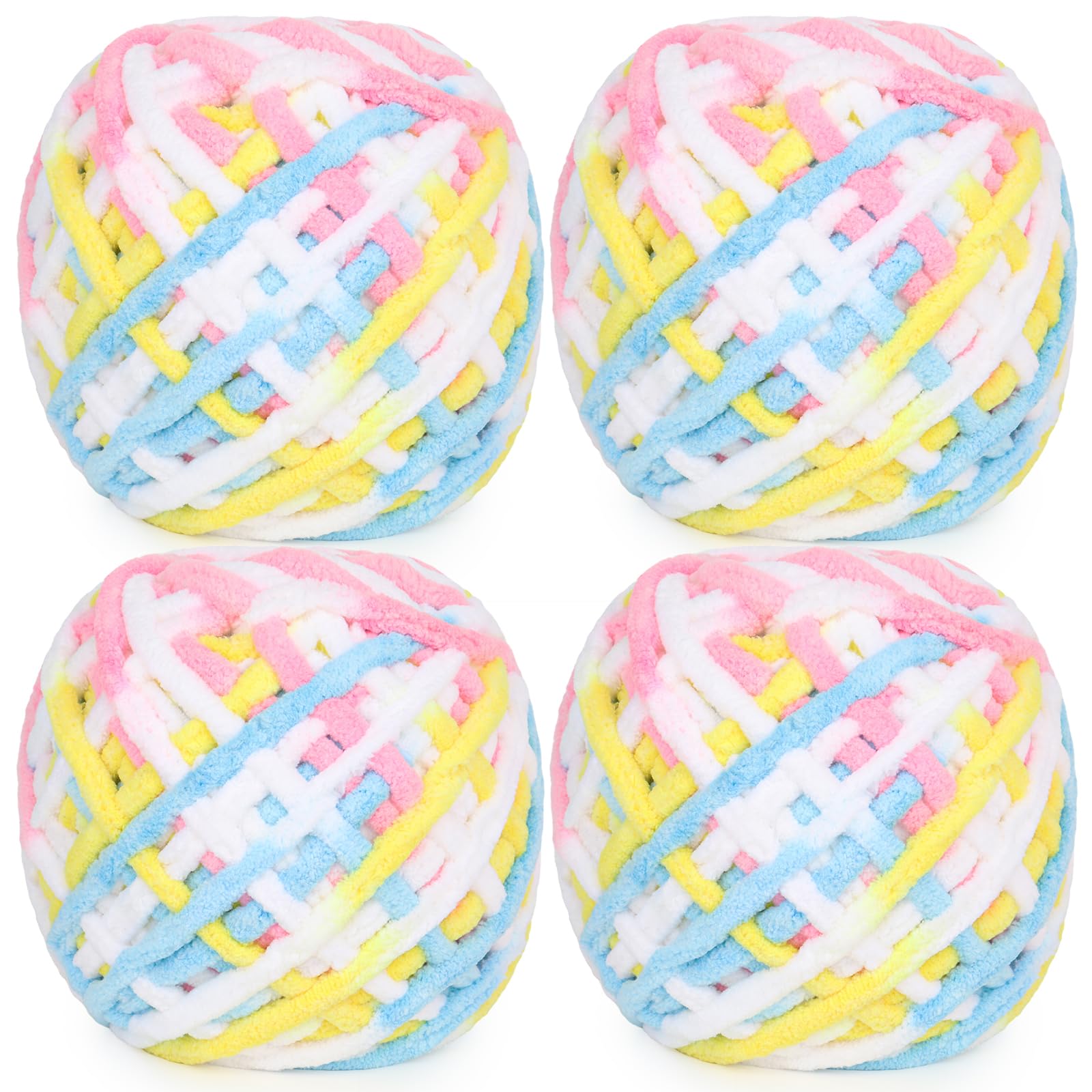 Aeelike 4x100g Wolle, Bunte Wolle zum Stricken, Dicke Wolle zum Weben von Kissen, Decken, Schals und Mützen Sowie Haustierbetten Verwendet Werden,Dicke Wolle zum Handstricken, Rosa-Gelb-Blau-Weiß
