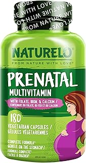 NATURELO Prenatal Multivitamin with Gentle Chelated Iron, Methyl Folate, Plant Calcium & Choline - Vegan, Vegetarian - Non-GMO - Gluten Free - 180 Capsules | 2 Month Supply