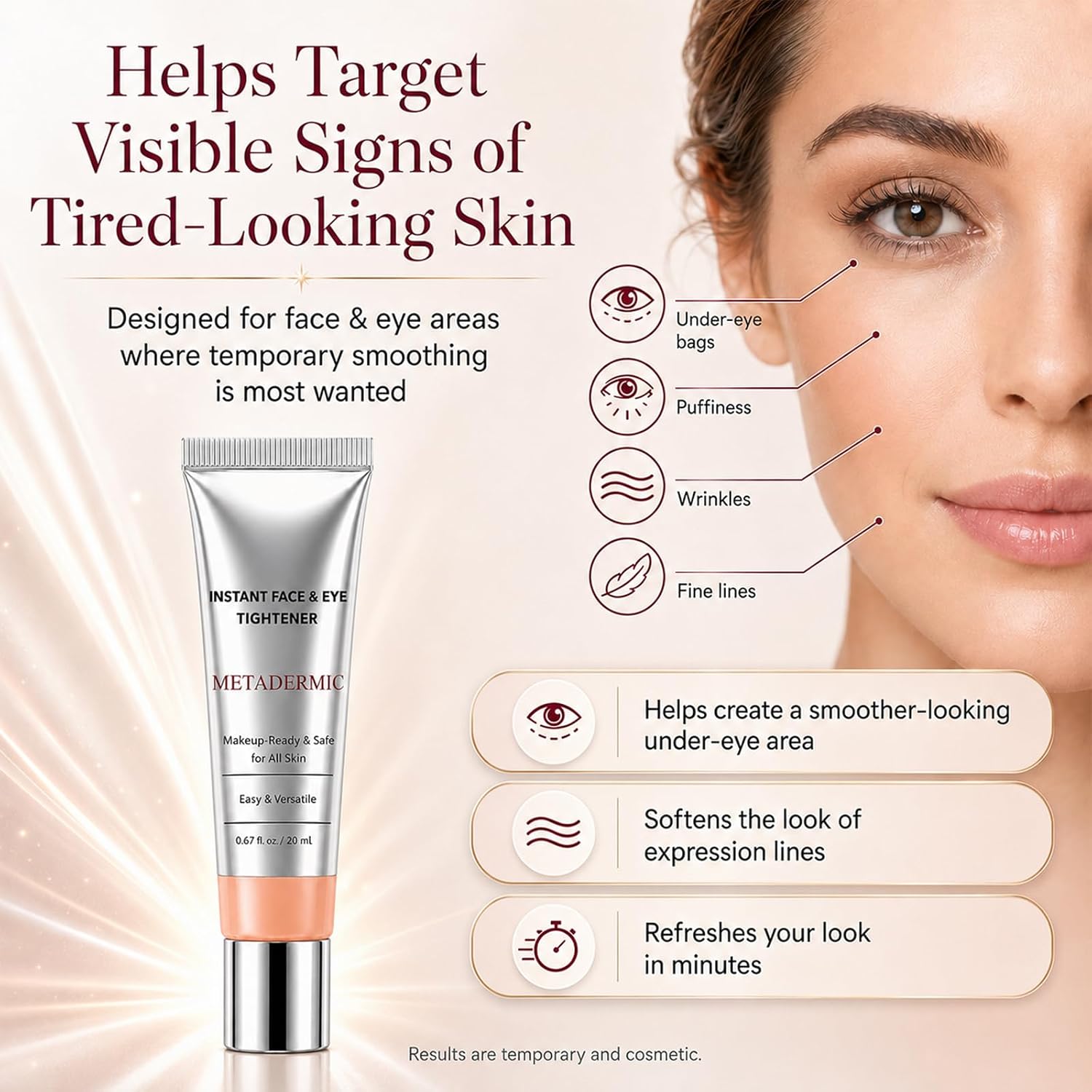 Instant Face Tightener, Fast Acting Reducer for Under Eye Bags, Temporary 3-in-1 Formula: Instant, Lasting & Absorbable (1pcs)