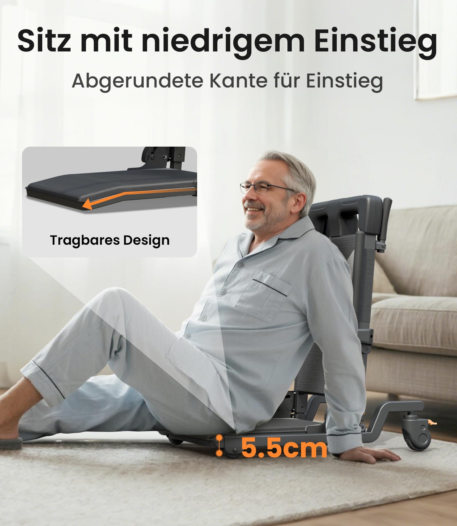VOCIC AX35 Aufstehhilfe mit Transferfunktion, Rollen & Bremsen | Senioren Sturzhilfe Zuhause, Elektrischer Bodenlift Transferstuhl, Bett Sofa Rollstuhl, 4 Rollen Bremse kompakt 160KG