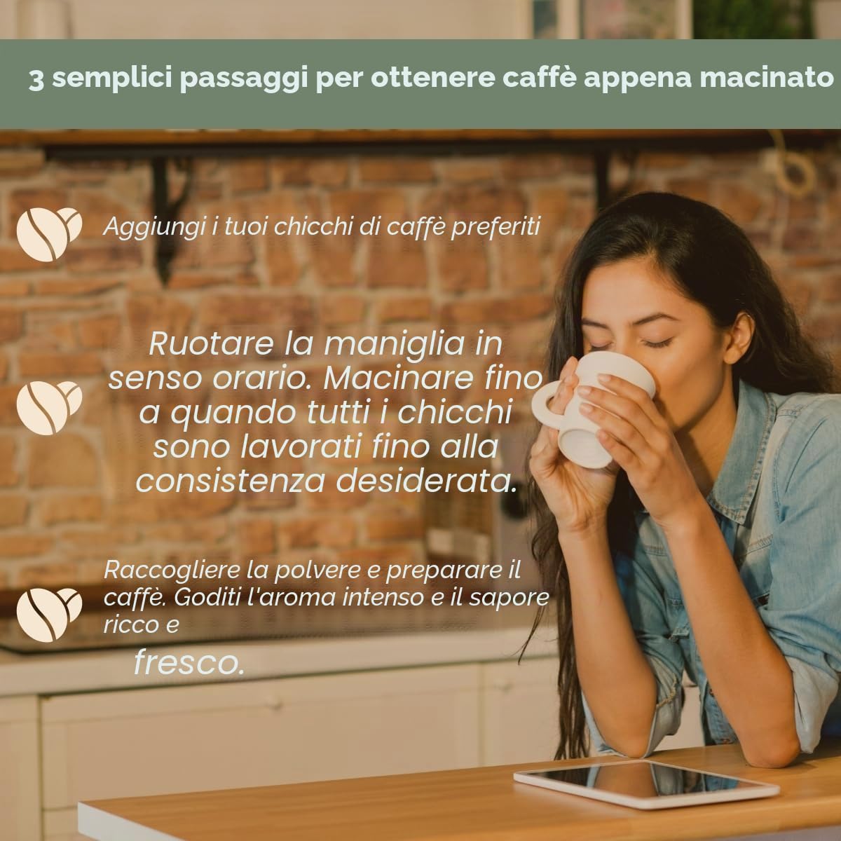 Sozen - Macinacaffè manuale da 22,9 cm, in ottone, con manovella, per caffè turco, francese, espresso, campeggio e uso domestico, macinino portatile per chicchi di caffè, macinino conico regolabile