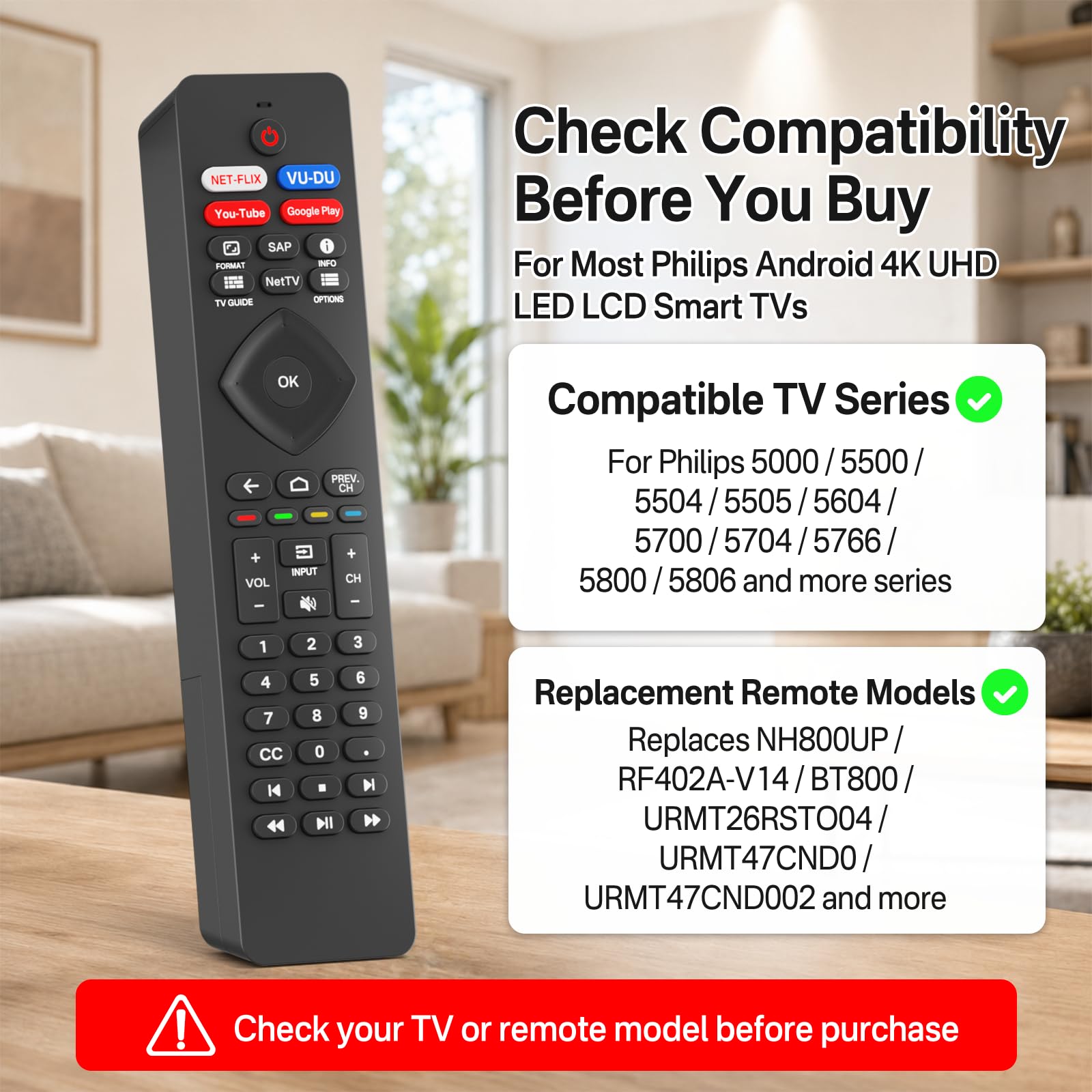 NH800UP RF402A-V14 - Telecomando di ricambio per tutte le Smart TV Philips, con supporto e batteria, telecomando IR per Smart TV Philips Android LED LCD 4K con quattro tasti di scelta rapida