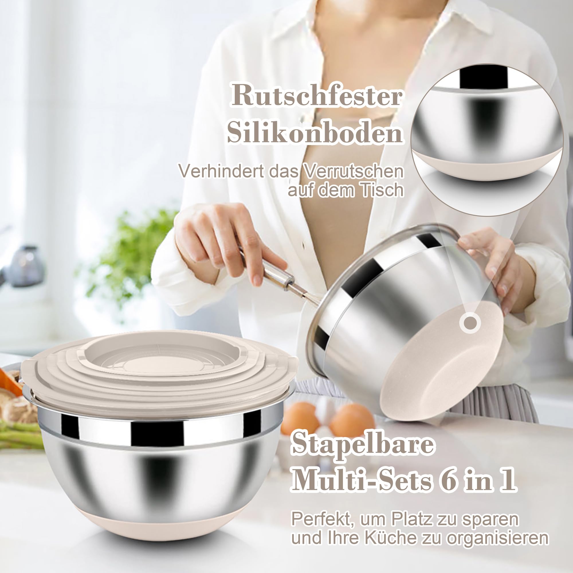 Homikit Lot de 6 saladiers en acier inoxydable avec 3 embouts de râpe, couvercle hermétique et fond en silicone, 4,6 l/2,8 l/2,5 l/1,6 l/1,2 l/0,7 l, empilables, kaki