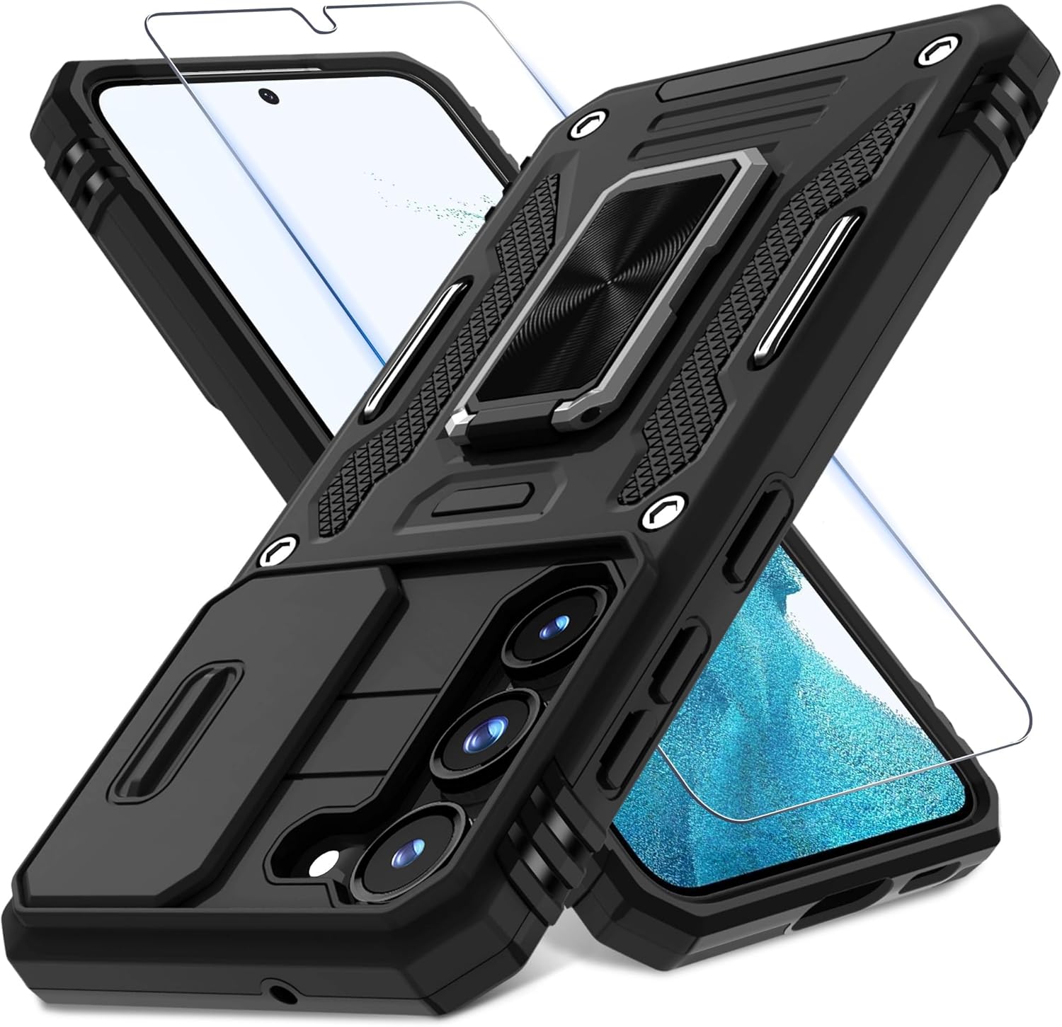 DEERLAMN Case for Samsung Galaxy S23+ Plus with Slide Camera Cover+Screen Protector(1 Pack),Rotated Ring Kickstand Military Grade Shockproof Protective Cover-Black