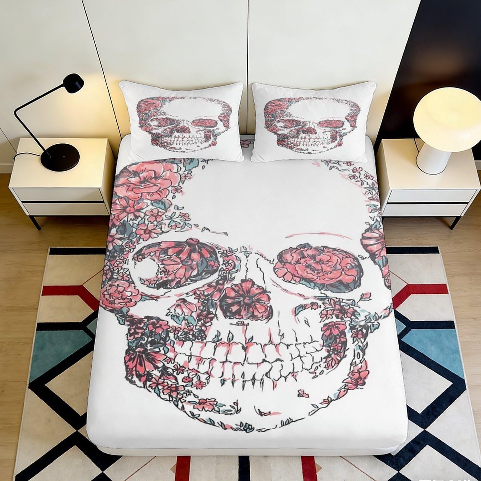 3D Printed Floral Skull Fitted Sheet Microfiber Anti-Slip Bed Cover for Bedroom Dorm Mattress Protection Decor 120x200cm 140x200x25cm