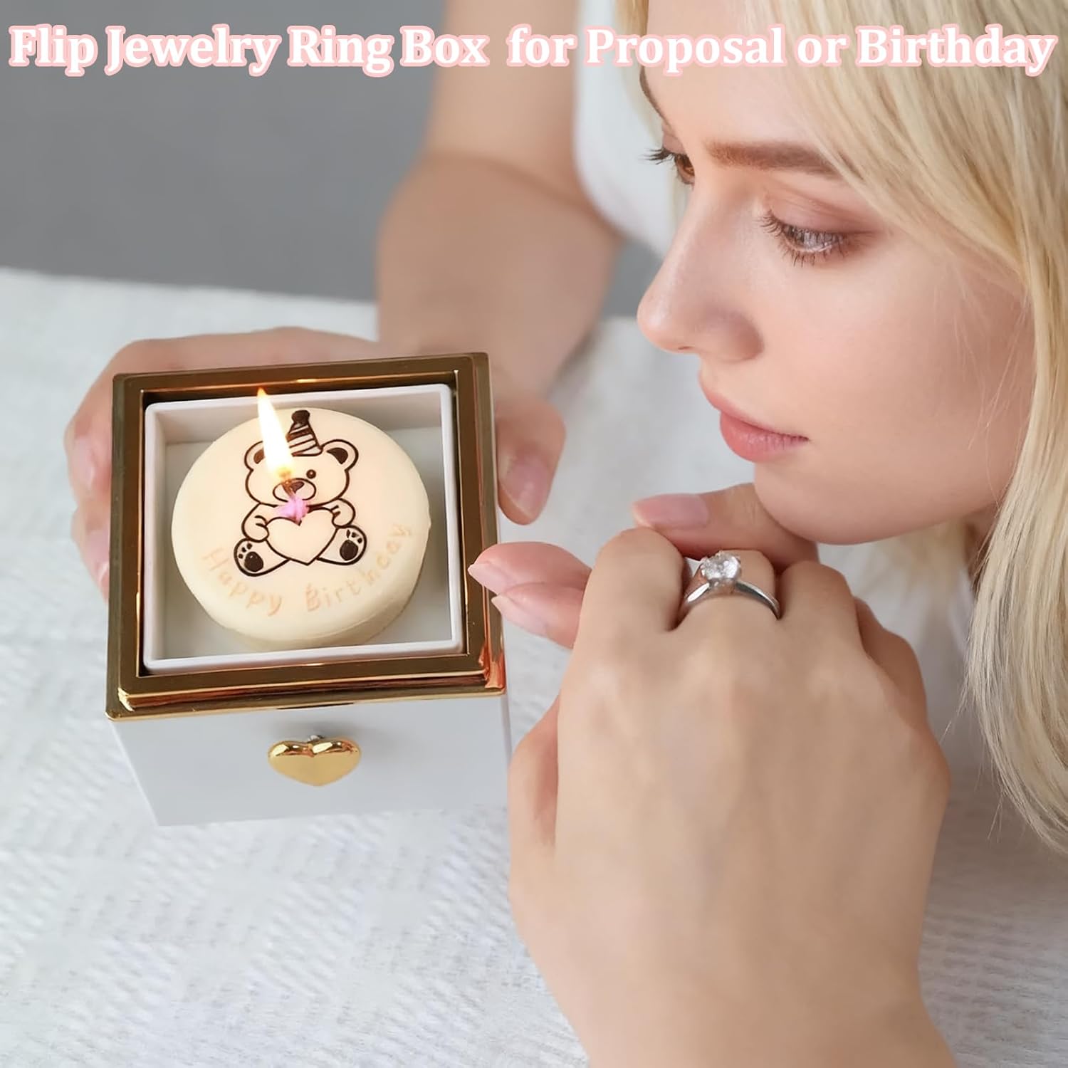 Rotating Ring Box for Proposal Engagement, Little Bear Cake Flip White Ring Box Wedding Day Birthday, Surprise Ring Bearer Proposal Box Necklace Bracelet Gift Ring Rotating Jewelry Box for Women &Man - Image 3