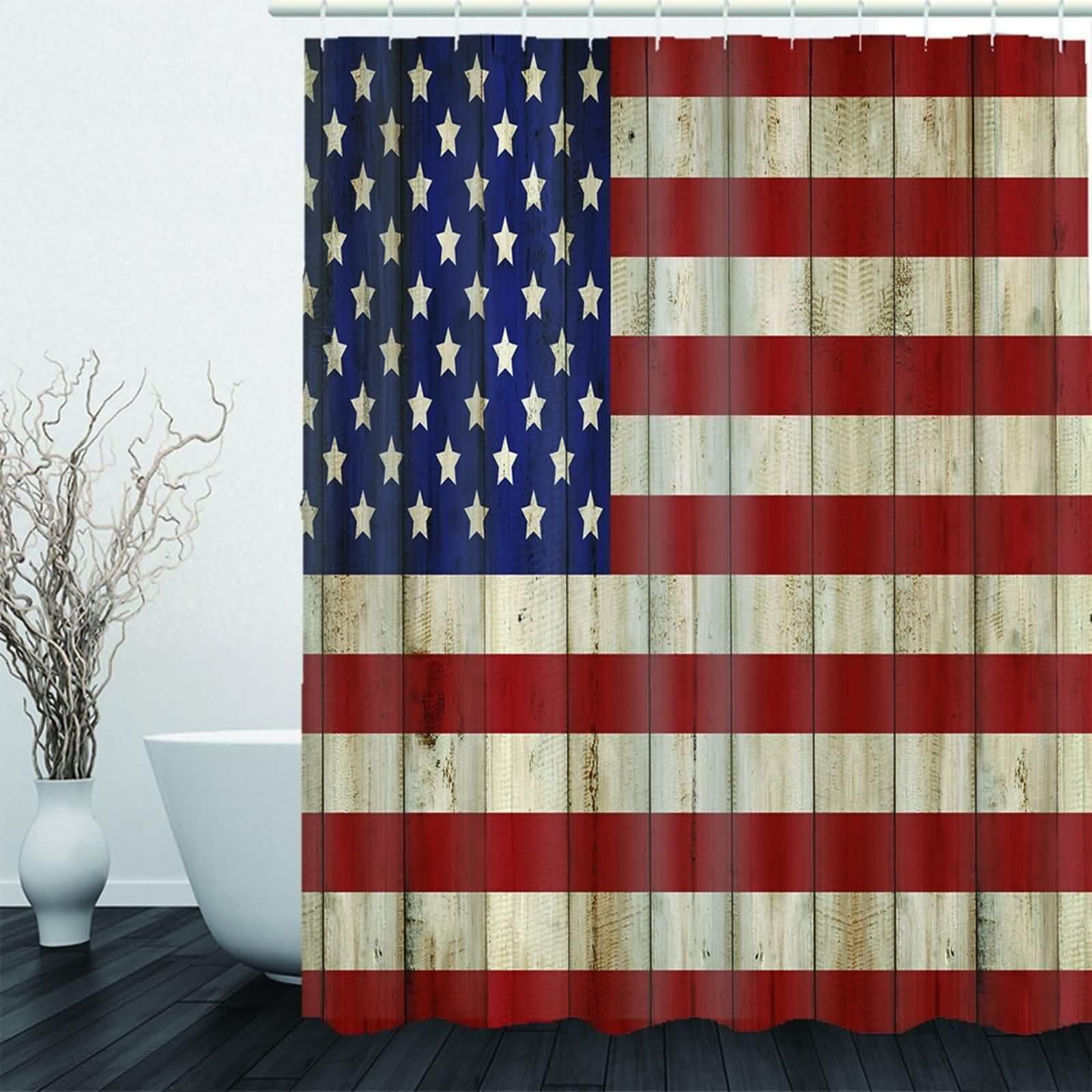 Duschvorhang Wasserdicht Textil Stoff Dunkel Blau Rot Weiß, American Flagge Muster Badvorhang Polyester Anti-Schimmel Schnell Trocknend mit Duschvorhangringen