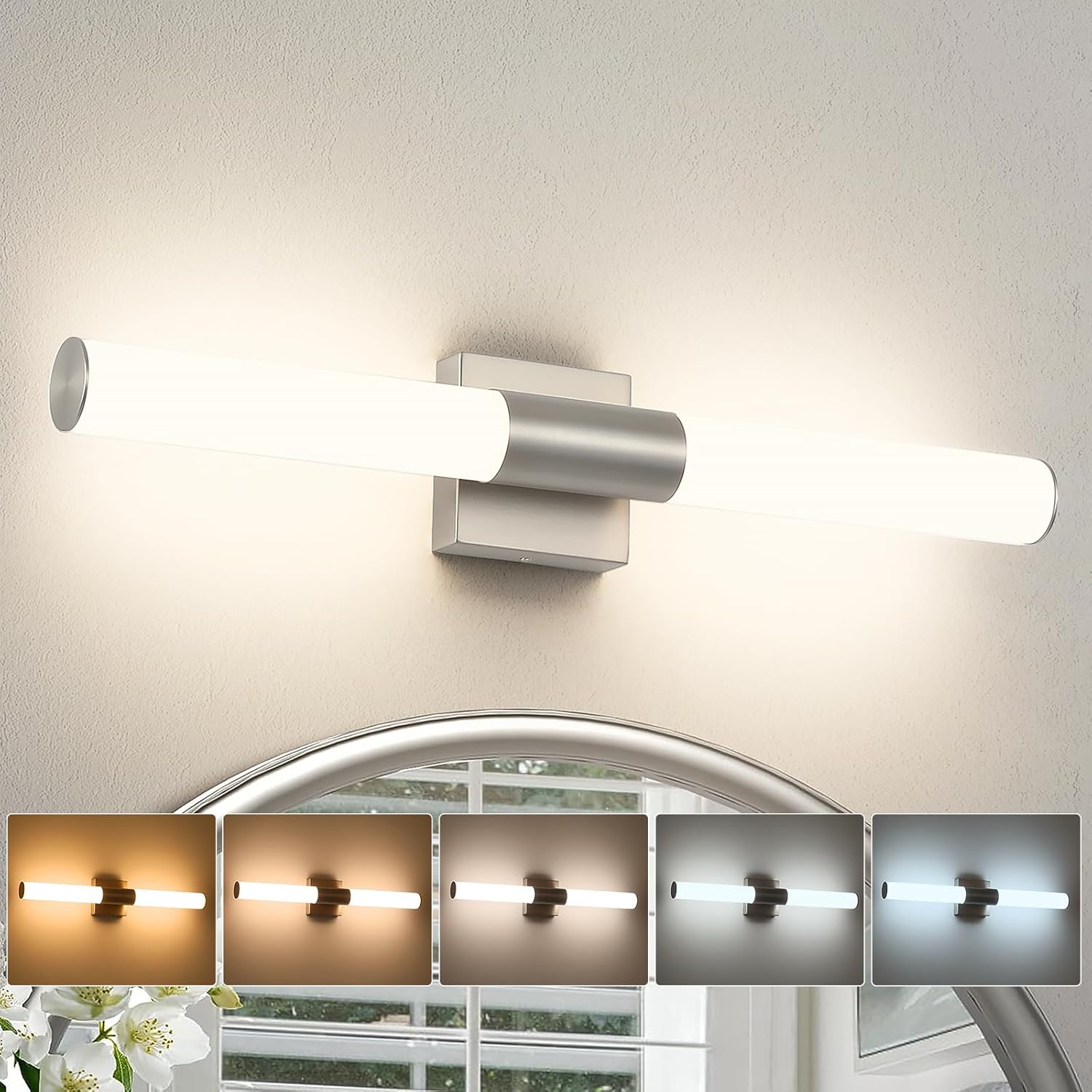 Brushed Nickel Bathroom Light Fixture 5CCT Dimmable 18W Led Bathroom Vanity Lights Over Mirror Modern Bath Lights for Mirror