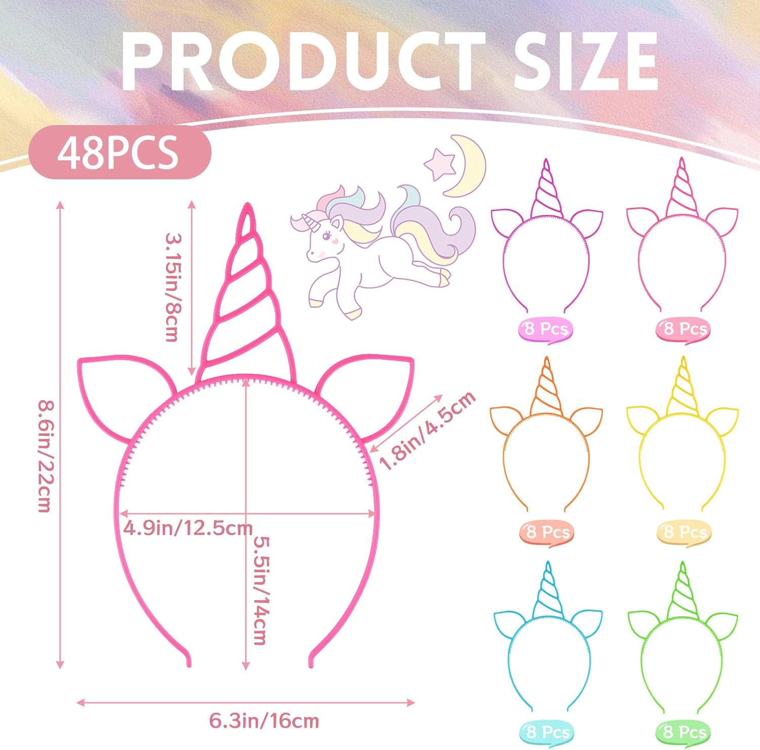 48 Pcs Unicorn Headbands Unicorn Birthday Party Favors Unicorn Headwear Plastic Hairbands for Party Supplies,Gift,Halloween,Christmas
