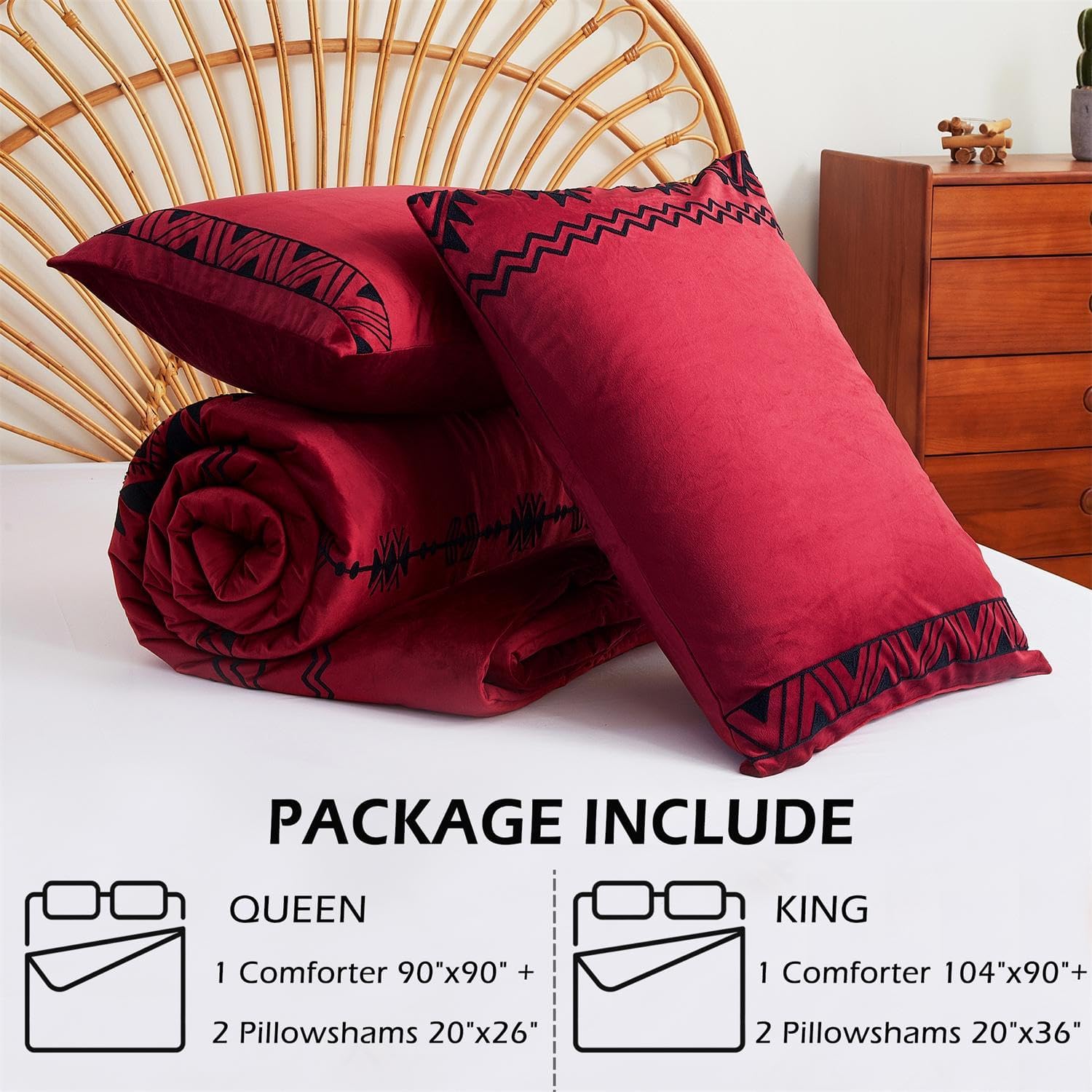 Cmfshape Luxurious Velvet Comforter Set Double-Sided,Bohemian Embroidered Wine Red Bedding,Ultra Soft Lightweight 3-Piece Set,Queen 90"x90"