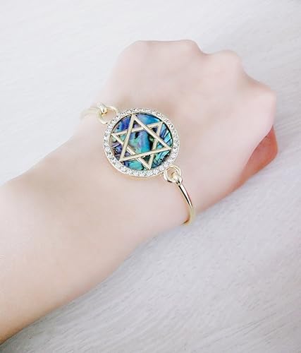 Miniatura 6 de Pulsera de cristal abierta con alambre de concha de abulón de estrella de David con encanto judío