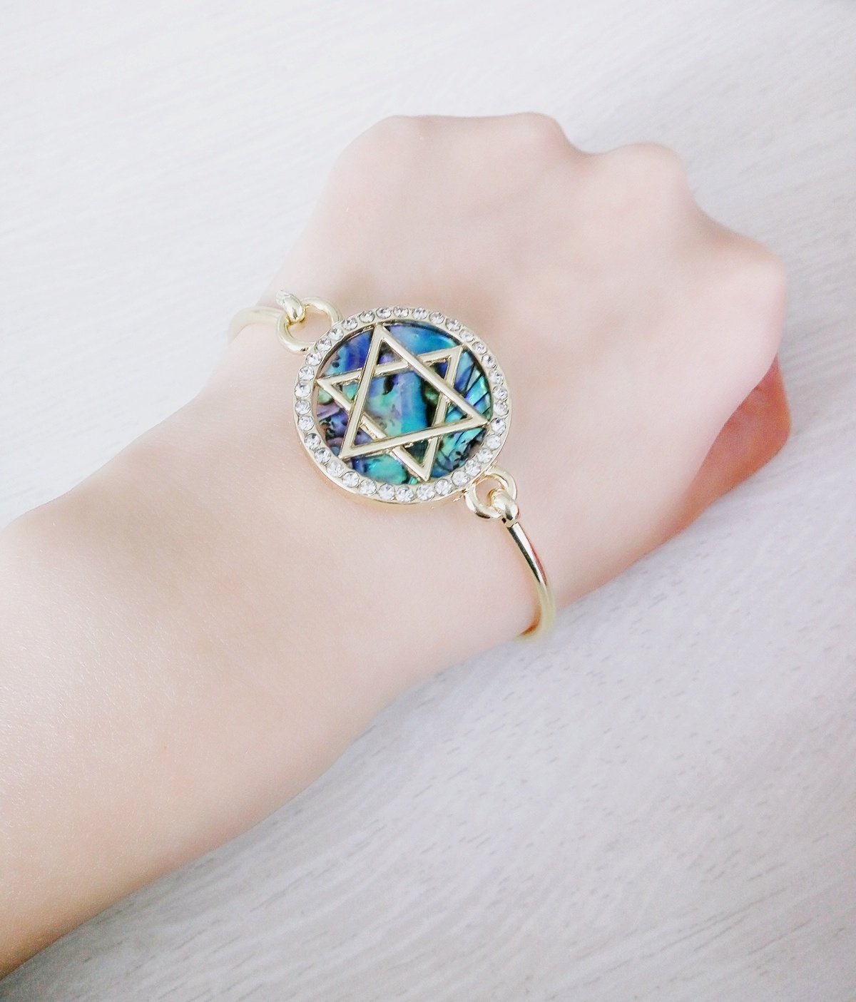 Jewish Charm Star of David Abalone Shell Wire Openable Crystal Bangle Bracelet