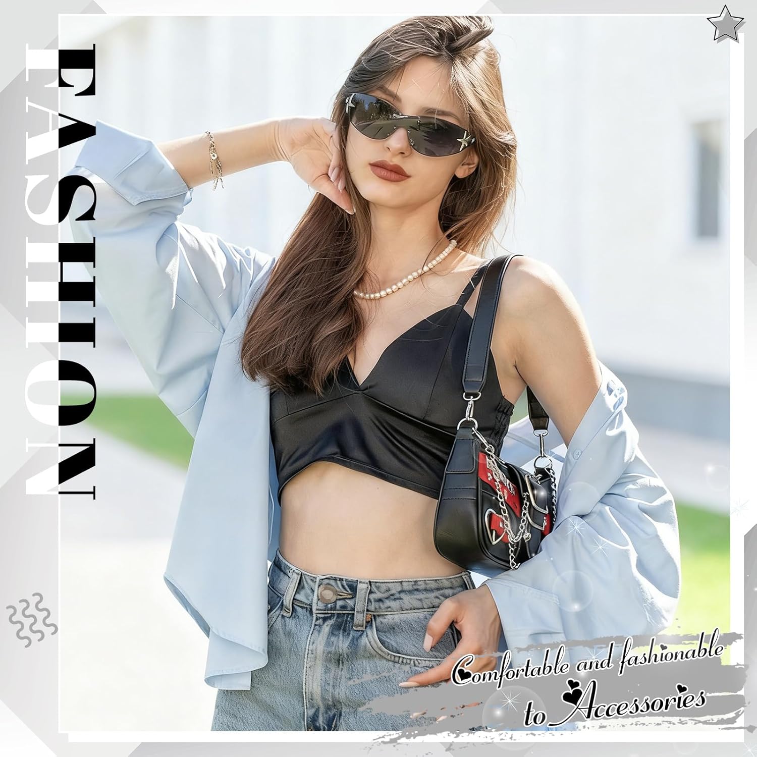 Y2k Cute Shoulder Bag for Women Trendy Goth Mini Purse with Glasses Star Keychain and Hairpin - Image 3