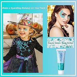 MEICOLY Teal Body Glitter,Mermaid Face Glitter Gel for Halloween Face Paint,Dazzle Green Chunky Glitter for Face Body Eye Lip Hair,Sparkling Holographic Gel Glitter Makeup for Women and Kids