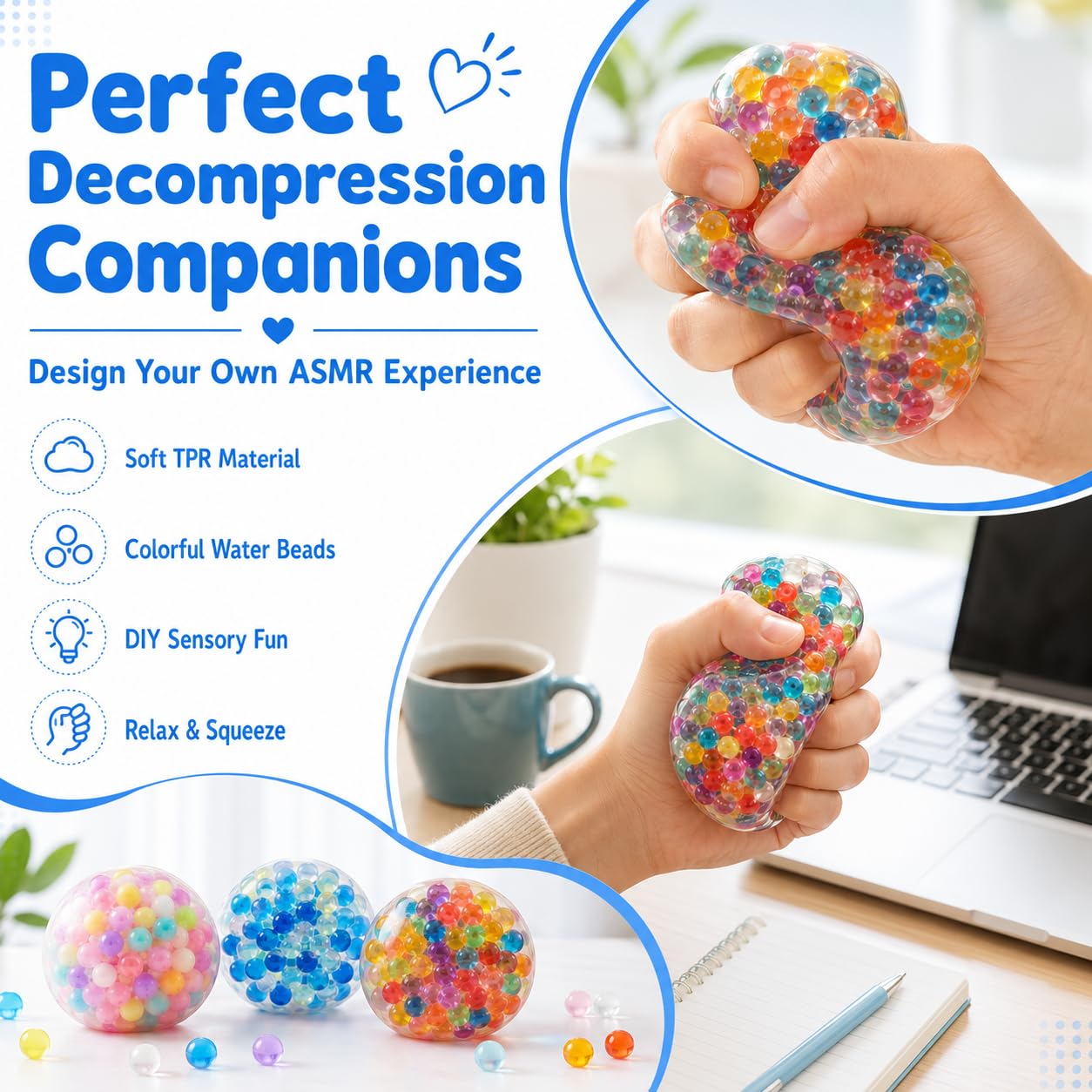 FOOGWEE Kit de recharge de balles anti-stress vides, 30 pièces de 6 cm avec outil d'extension, seringue de retrait d'air et 40 attaches zippées, transparentes, blanc laiteux et texturées