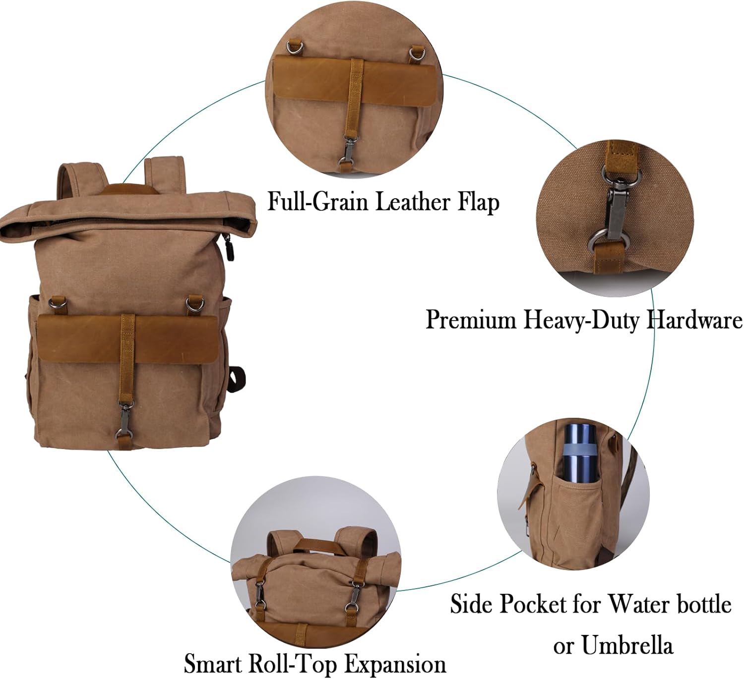 Canvas Roll Head Backpack with Top Layer Cowhide Suitable Expandable Laptop Backpacks For 16 Inch Laptops, Vintage Backpacks For Men And Women Traveling, Hiking(8828-Khaki)