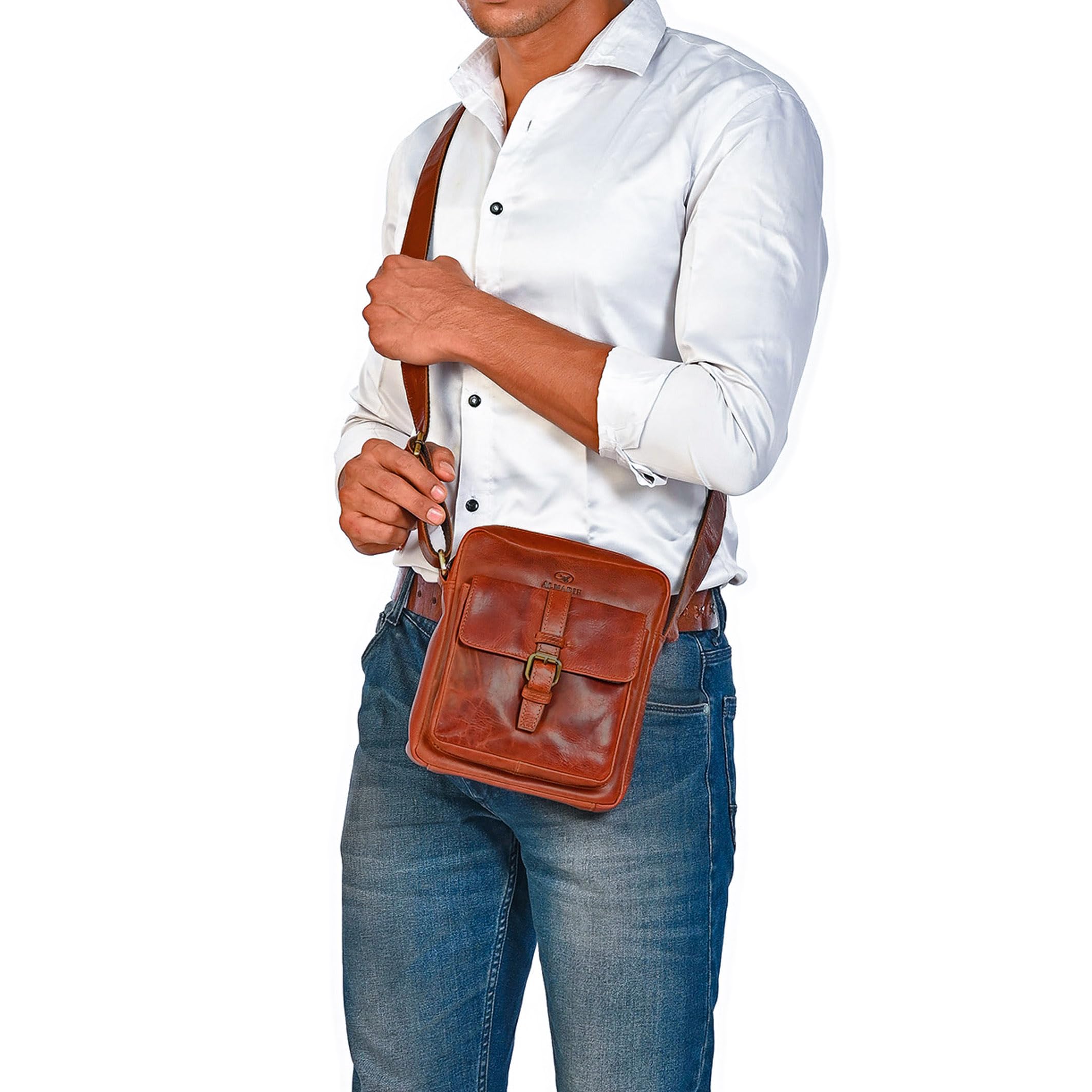 ALMADIH kleine Leder Umhängetasche Herren 8.3 Zoll iPad Mini & Tablet – MARC braun vintage Kompakte Ledertasche für Alltag & Reisen moderne Herren Messenger Schultertasche Freizeittasche Herrentasche