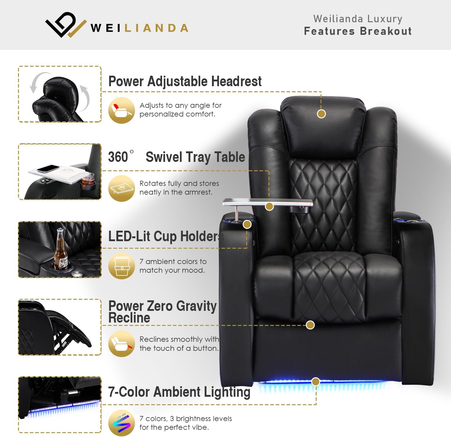 Weilianda Home Theater Seating Top Grain Leather Zero Gravity Recliner Chair Power Headrest Recline Movie Seat Gaming 7 Colors Mood Light Sofa with Tray Table USB Charge Row of 1 Black