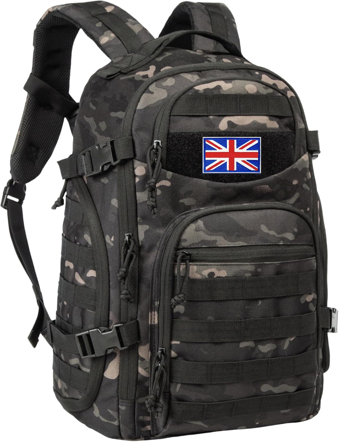 TRAILKICKER Taktischer Laptop-Rucksack, 35 l, Militär, Molle-Armee, Assault Pack, 3 Tage Bug-Out-Tasche, Wandern, Treeking, Camouflage, Jagd-Rucksack für Herren, mit Flagge des Vereinigten Königreichs