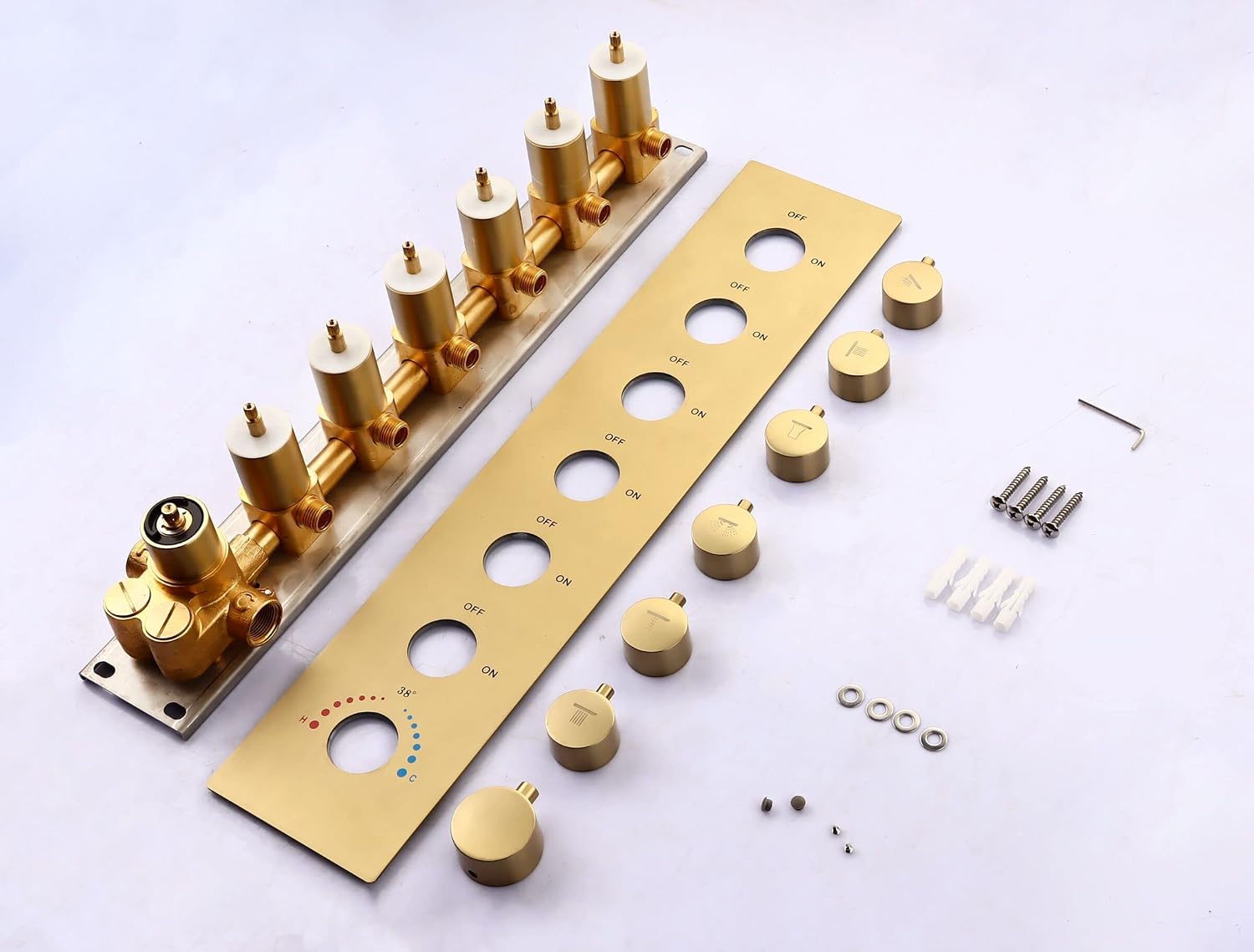 HOMEDEC Multi Shower Head System with Rain Shower and Handheld and 6pcs Body Jet Spray, 27.56inch Rainfall Shower Faucet Set Complete with 6 Way Thermostatic Shower Valve Kit, Brushed Gold