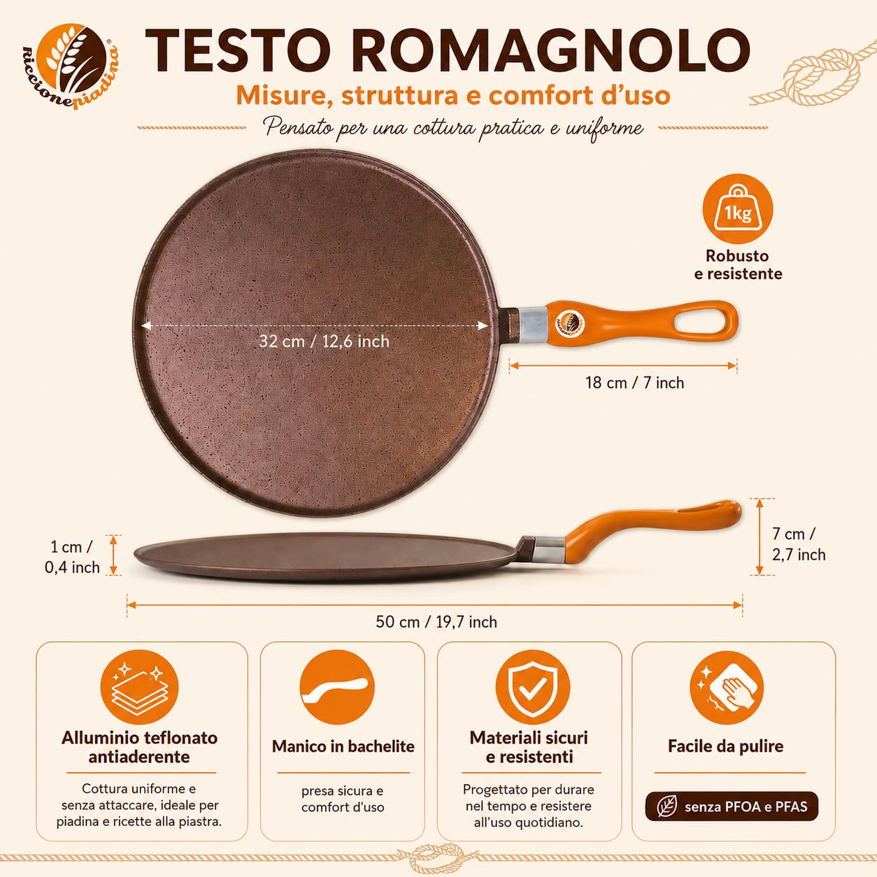 Riccionepiadina Testo Romagnolo 32 cm – Poêle universelle antiadhésive aluminium téflonée, manche bakélite, gaz et induction – Pour piadina, légumes, viande, poisson