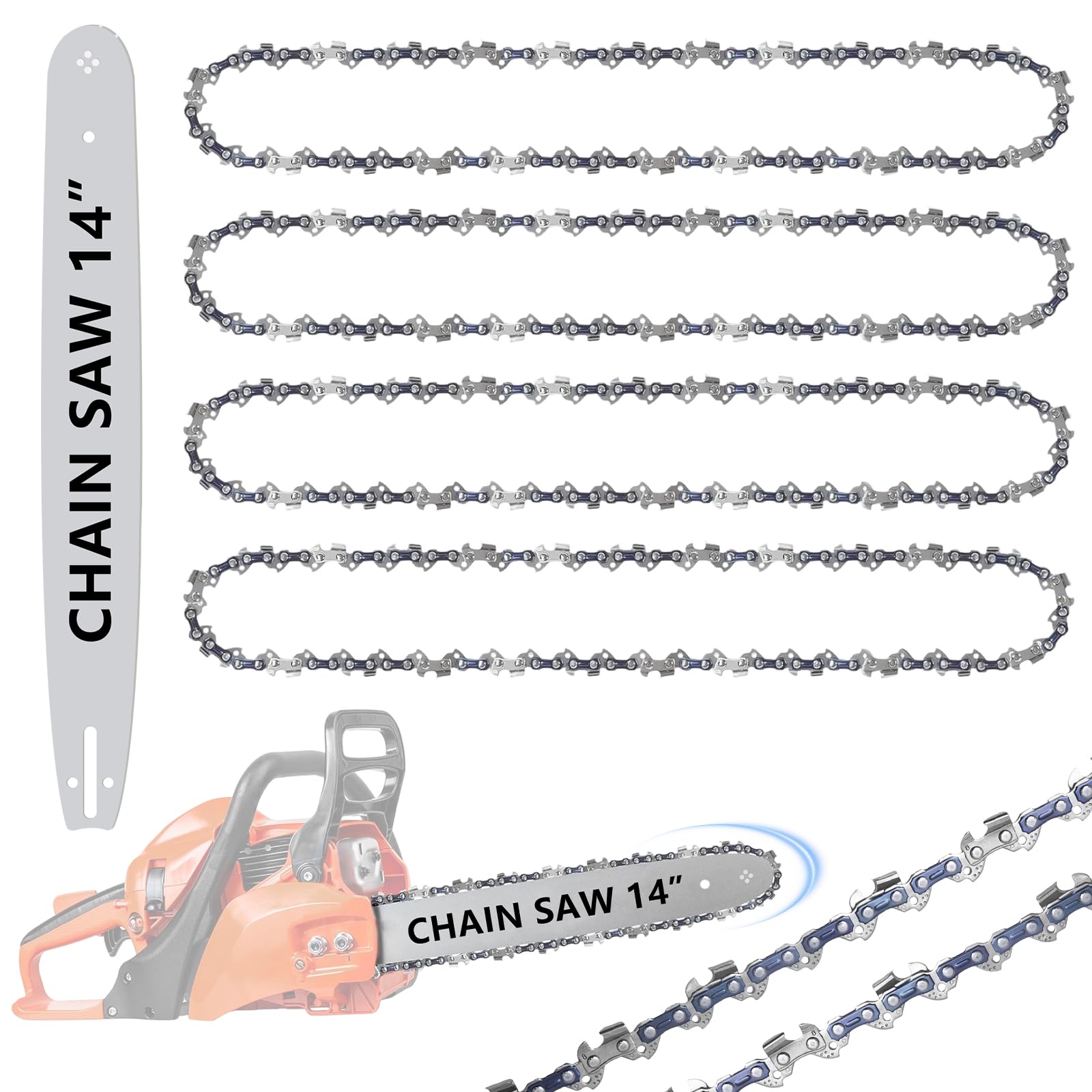 Amentalove 4PCS 14 Inch Chainsaw Chains with 14 Inch Chainsaw Guide Bar, 52 Drive Links, 0.050" (1,3mm) Gauge, 3/8" Pitch Replacement Saw Chains, Low-Kickback Chains, 14" Guide Bar (4 Chains +1 bar)