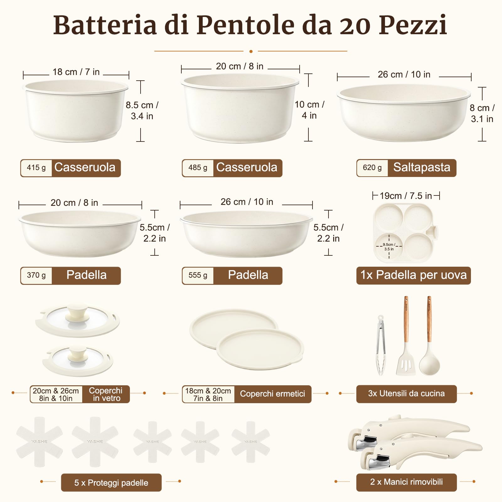 YASHE Pentole induzione 20 pezzi, atossiche, senza PTFE e PFAS | Senza PFOA Set Pentole e Padelle Antiaderenti in Granito, Pentole Impilabili, Salvaspazio per Camper e Monolocali